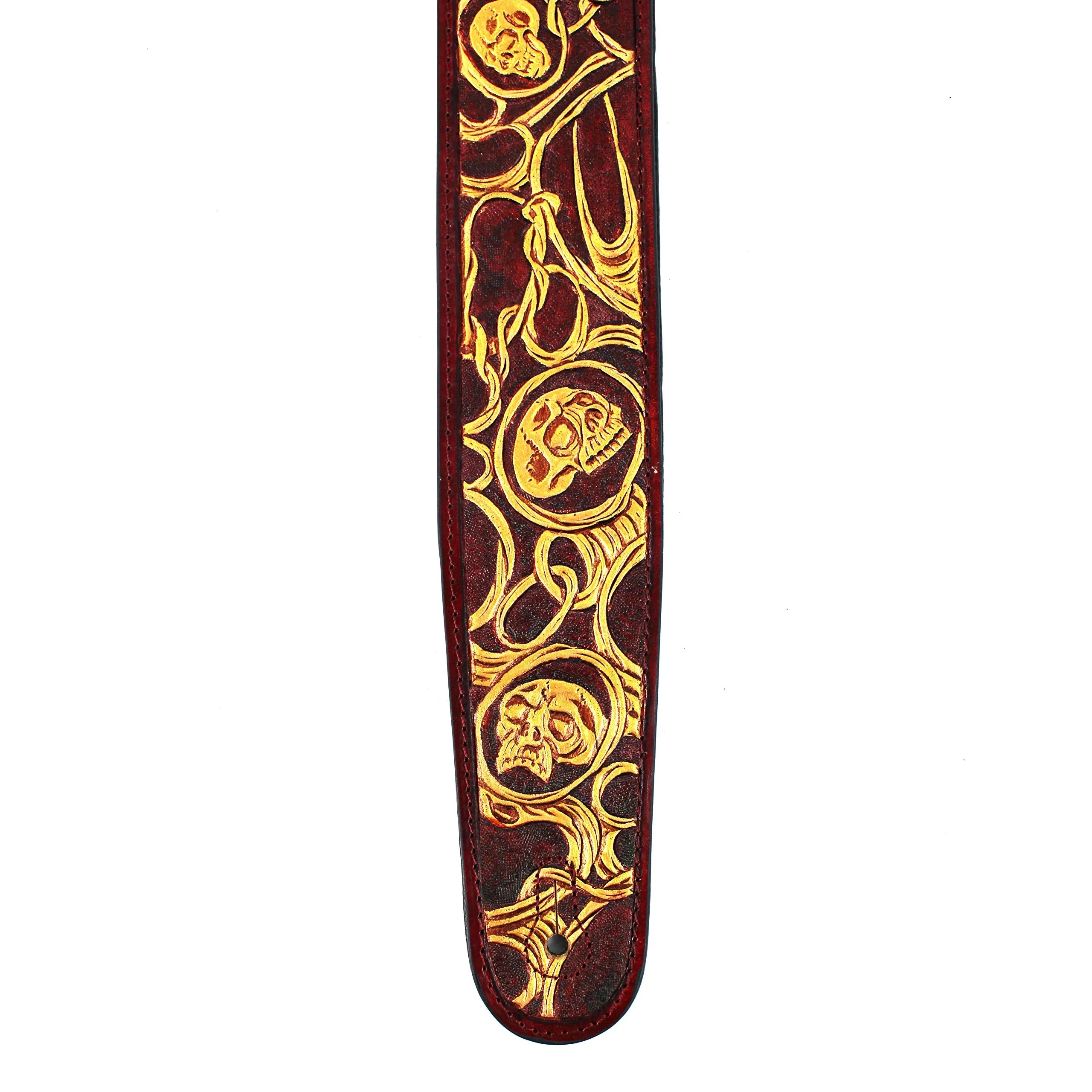 Walker And Williams LHR-45 Handmade Blood Red Premium Carving Leather Guitar Strap With Bright Gold Barbed Skull Carving And Padded Leather Back For Acoustic, Electric, And Bass Guitars - Image 6
