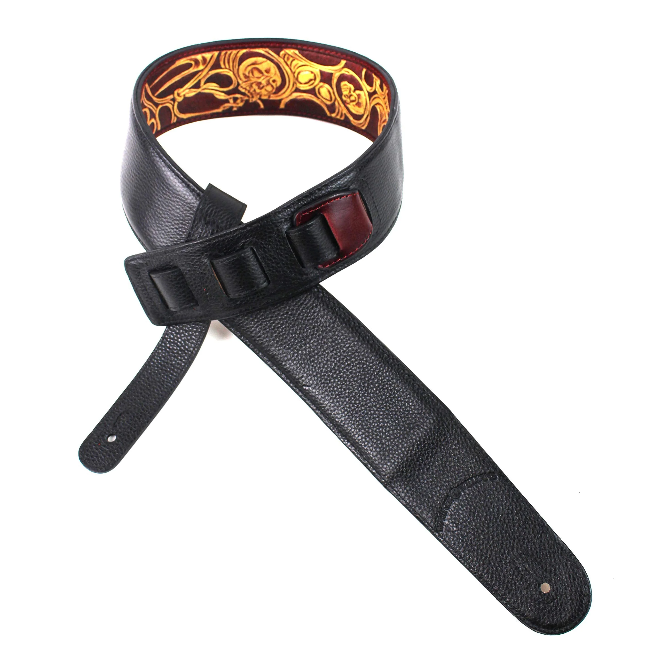 Walker And Williams LHR-45 Handmade Blood Red Premium Carving Leather Guitar Strap With Bright Gold Barbed Skull Carving And Padded Leather Back For Acoustic, Electric, And Bass Guitars - Image 8