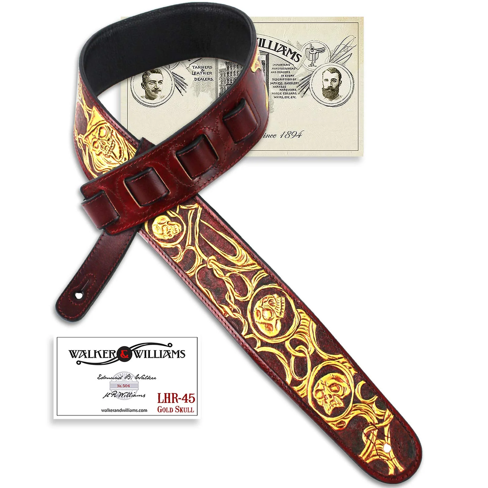 Walker And Williams LHR-45 Handmade Blood Red Premium Carving Leather Guitar Strap With Bright Gold Barbed Skull Carving And Padded Leather Back For Acoustic, Electric, And Bass Guitars - Image 9