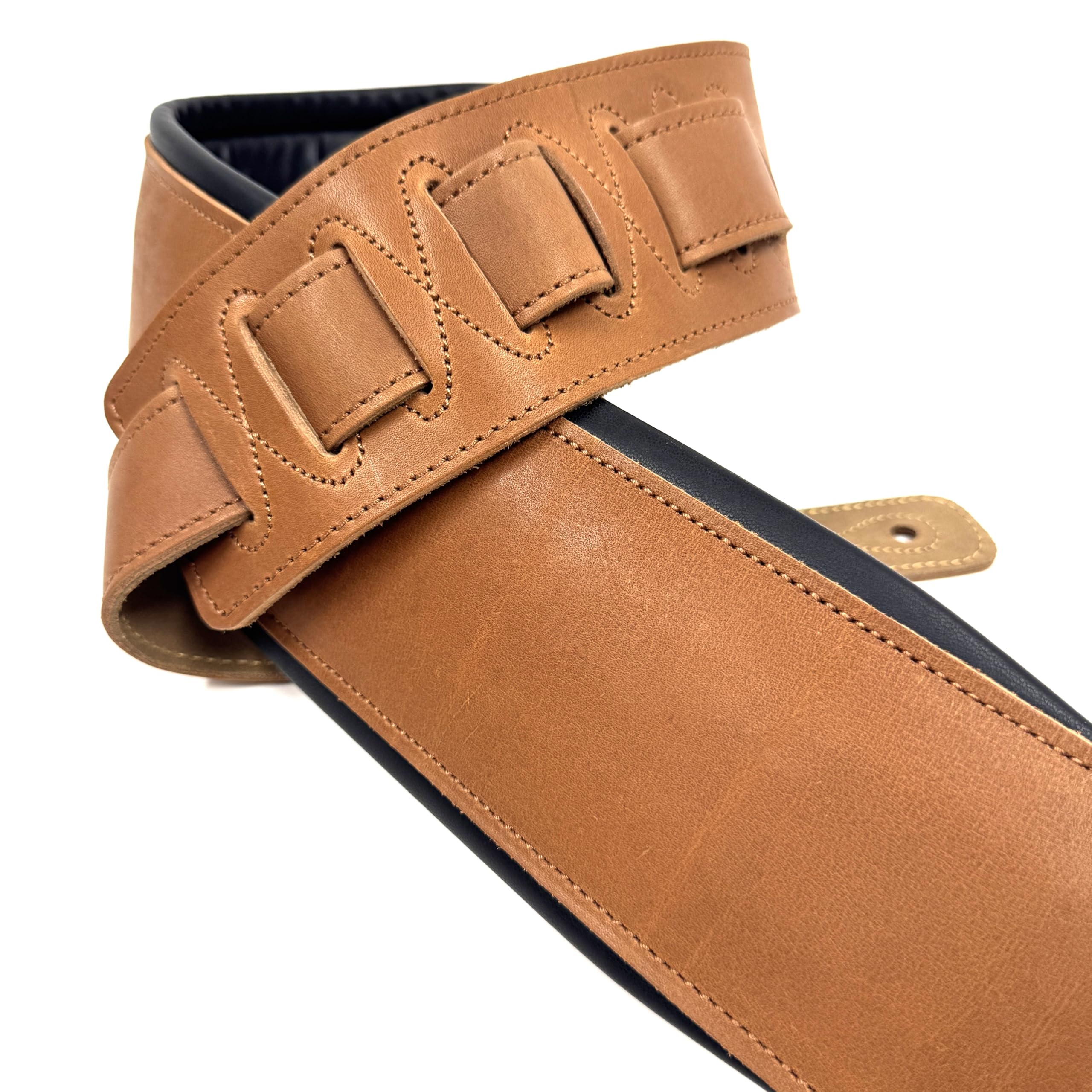 Walker & Williams B4B-LBRN Rustic Whiskey Tan Finish 4" Wide Double Padded Premium Brown Heirloom Grain Leather Guitar And Bass Strap For Acoustic, Electric, And Bass Guitars - Image 2
