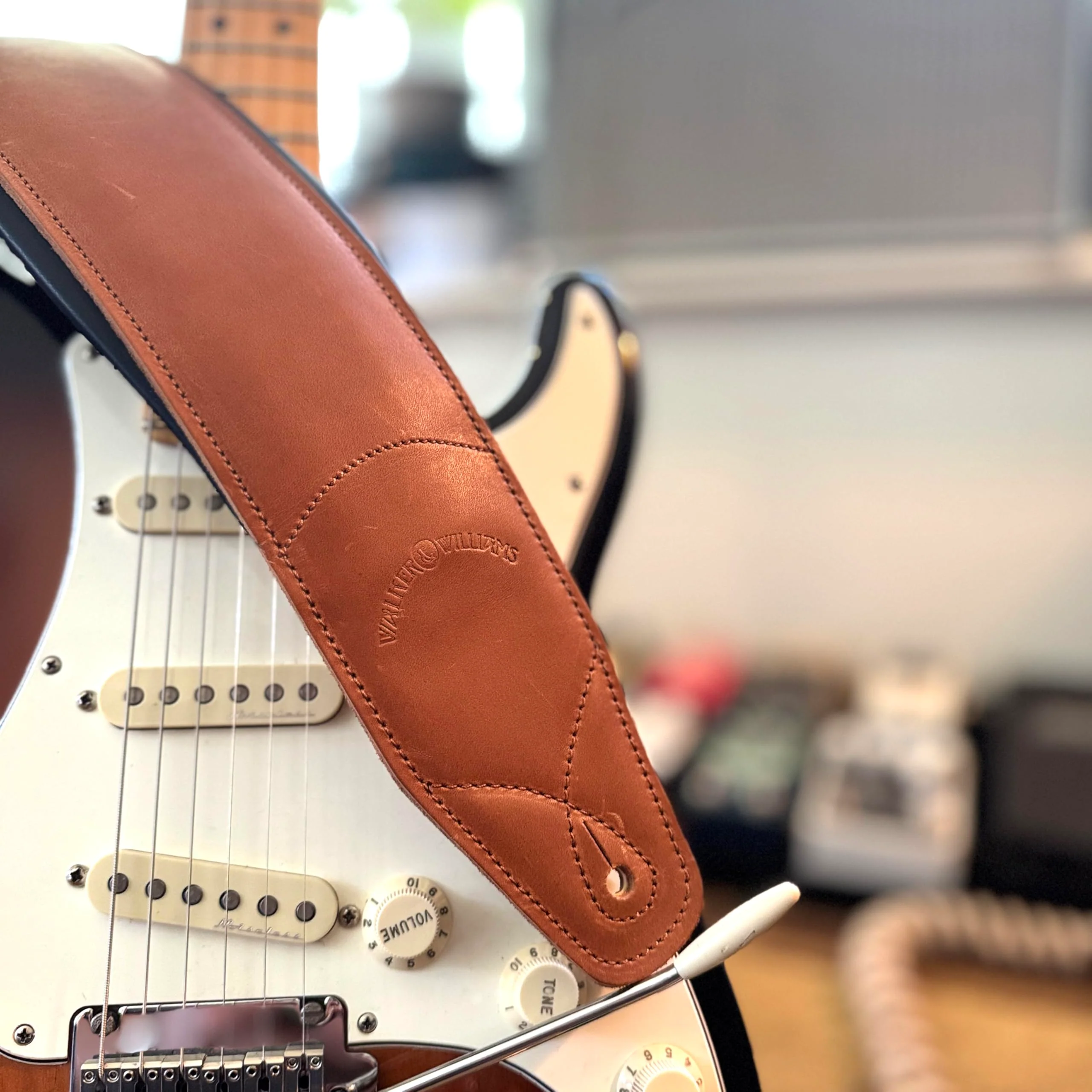 Walker & Williams B4B-LBRN Rustic Whiskey Tan Finish 4" Wide Double Padded Premium Brown Heirloom Grain Leather Guitar And Bass Strap For Acoustic, Electric, And Bass Guitars - Image 5