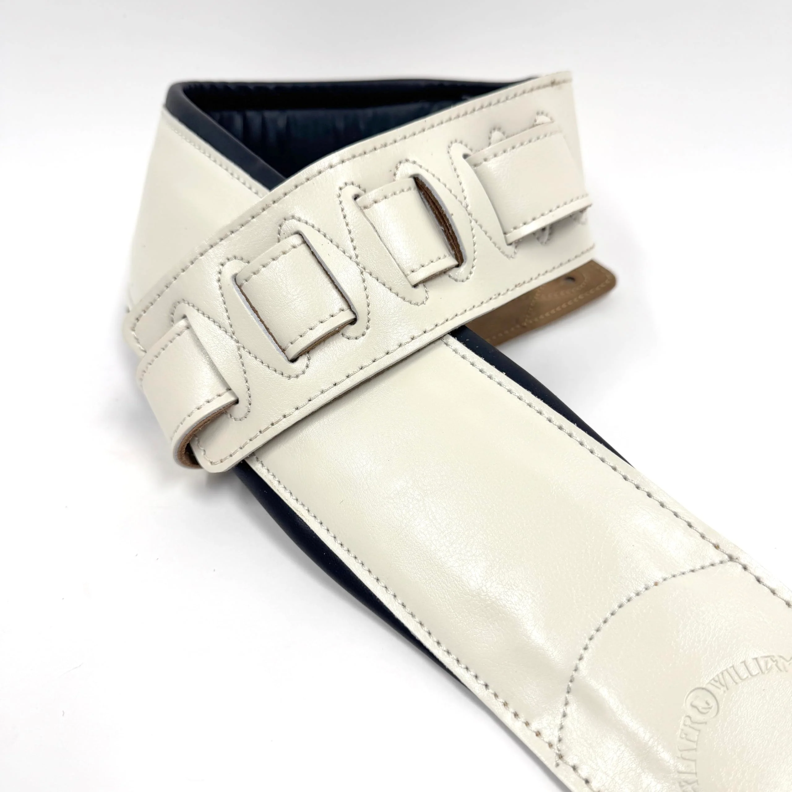 Walker & Williams B4B-WHT Aged White Semi Gloss 4" Wide Double Padded Premium Heirloom Grain Leather Guitar And Bass Strap For Acoustic, Electric, And Bass Guitars - Image 3