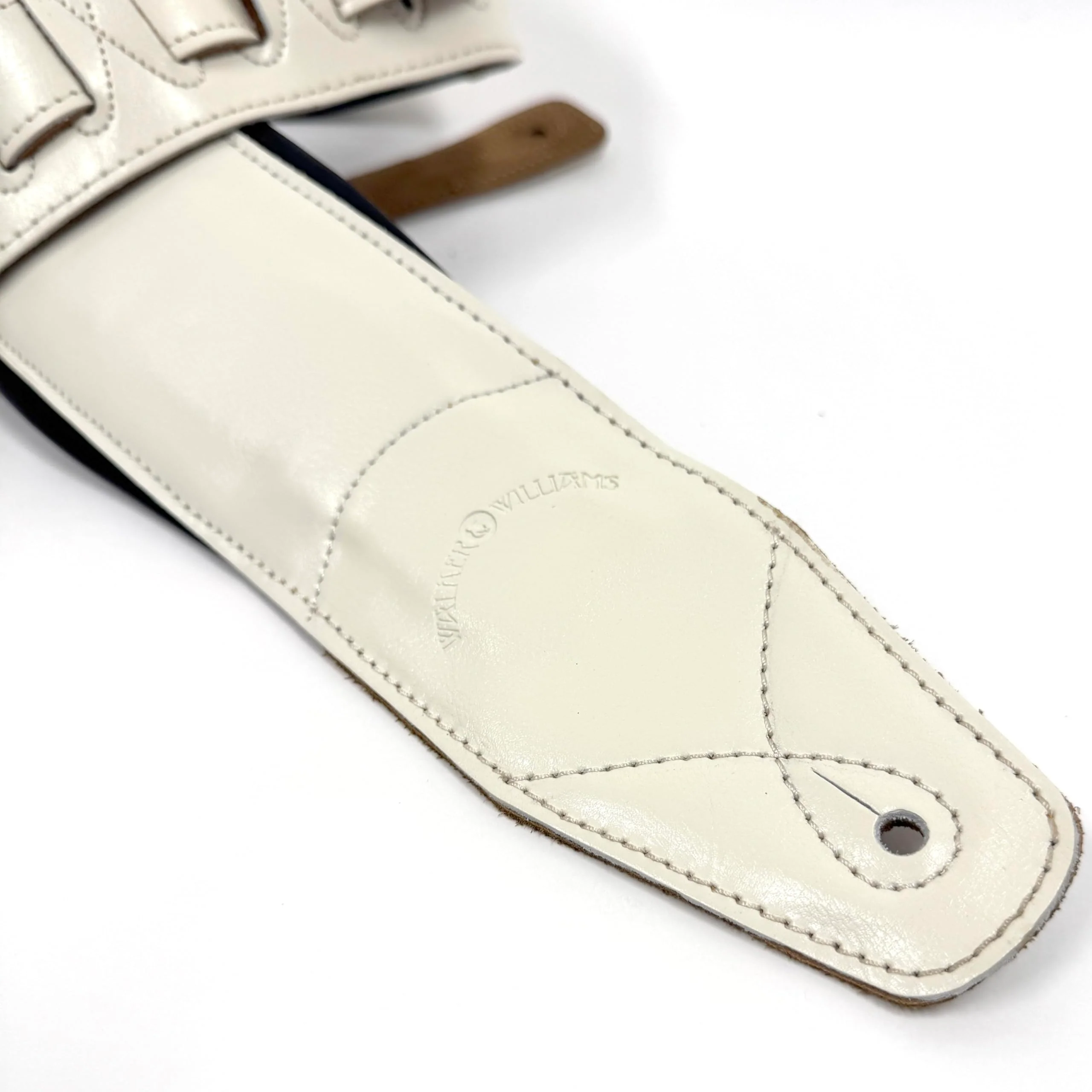 Walker & Williams B4B-WHT Aged White Semi Gloss 4" Wide Double Padded Premium Heirloom Grain Leather Guitar And Bass Strap For Acoustic, Electric, And Bass Guitars - Image 4