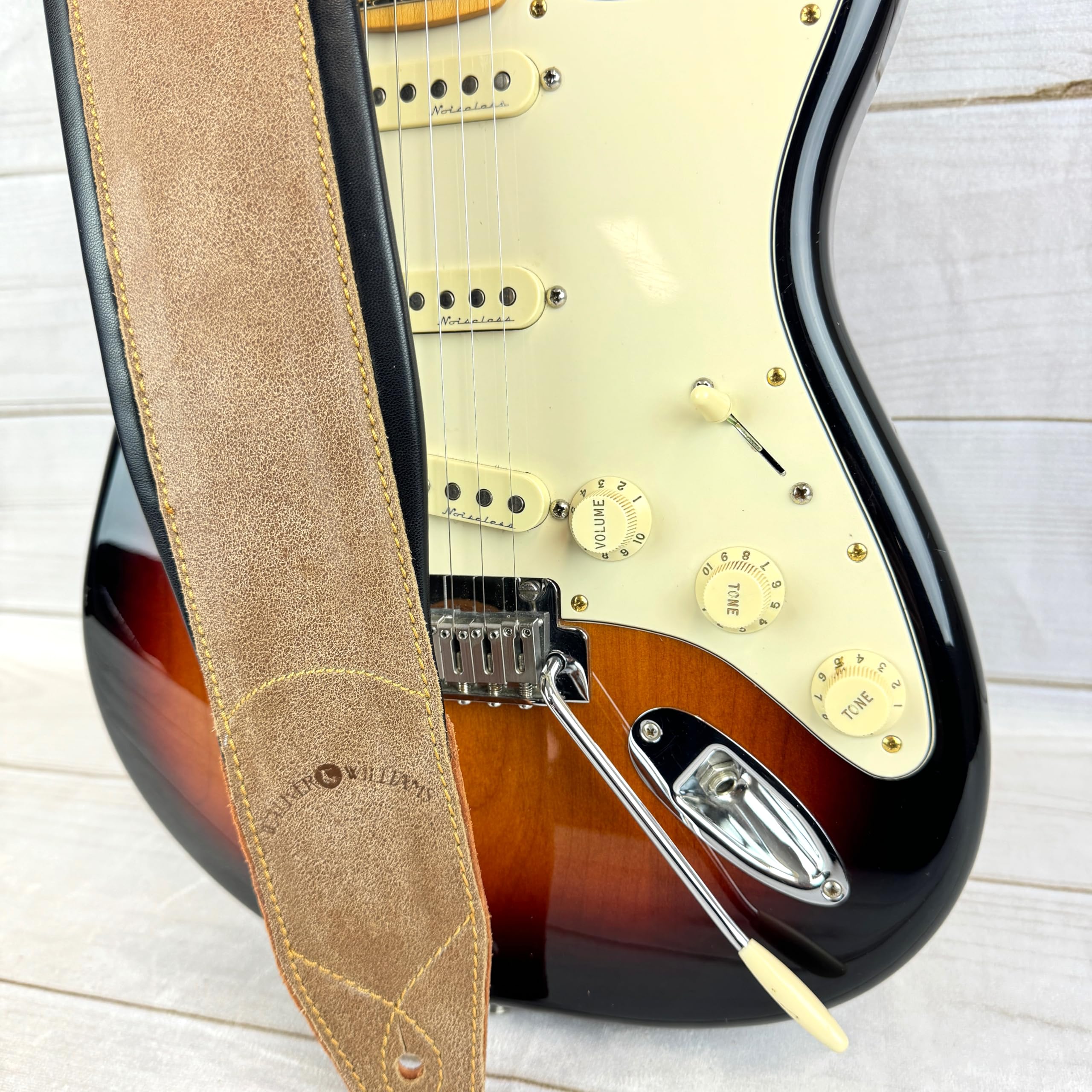 Walker & Williams C-22-DBRN Distressed Brown Finish Premium Signature Grain Leather Strap 3" Wide With Double Padding For Acoustic, Electric, And Bass Guitars - Image 4