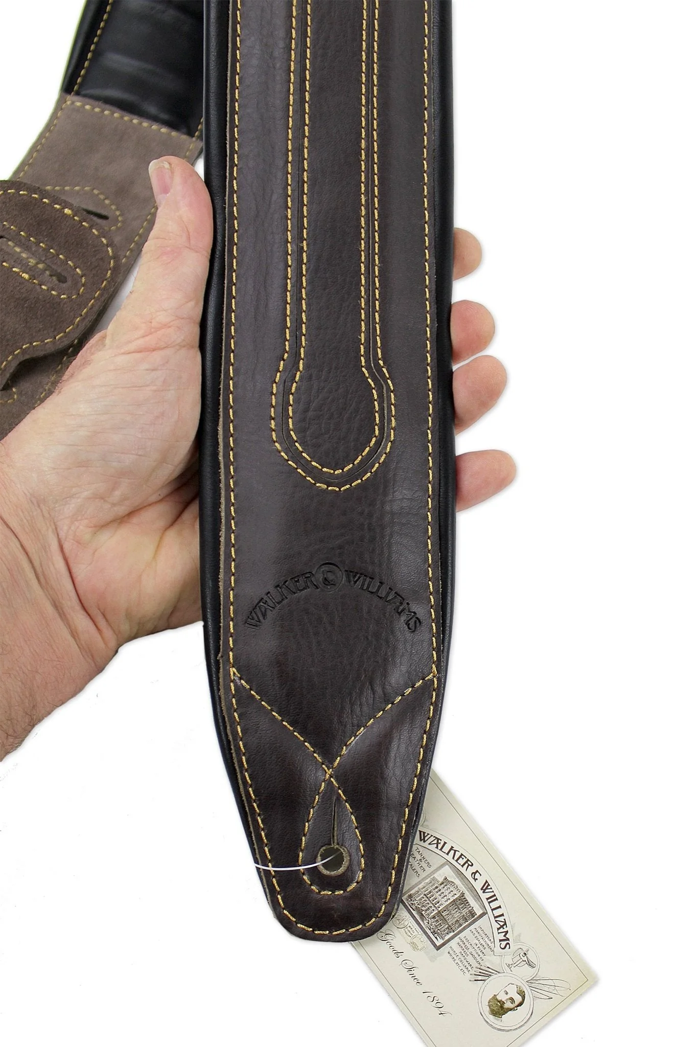 Walker & Williams C-34-BRN Cognac Brown Premium Top Grain Leather Padded Guitar Strap 3 1/4" Wide For Acoustic, Electric, And Bass Guitars - Image 2
