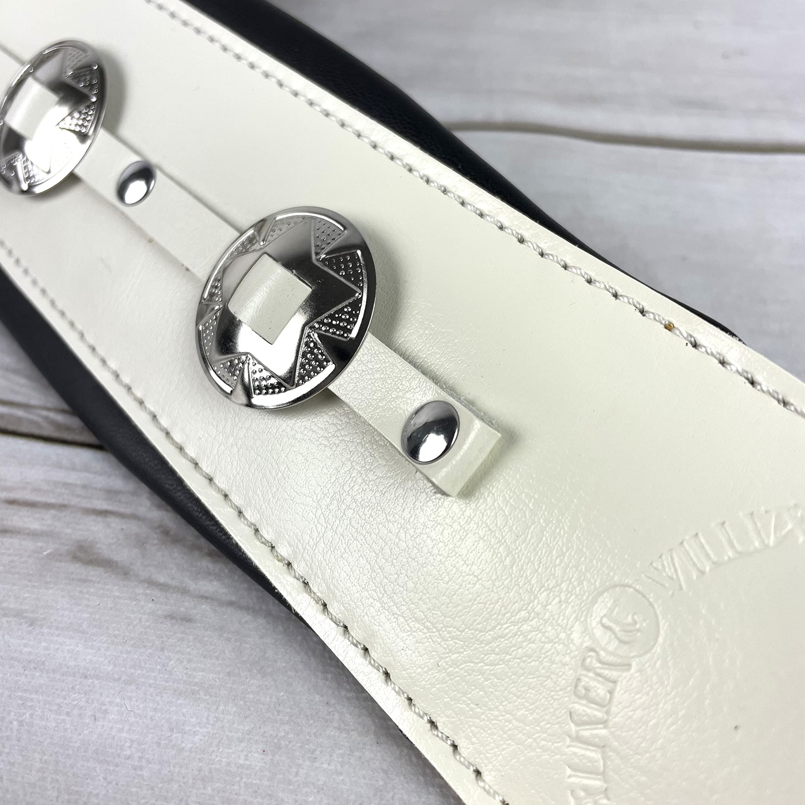 Walker & Williams C-44-WHT Aged White Premium Grain Leather Padded Guitar Strap 3" Wide With Nickel Conchos For Acoustic, Electric, And Bass Guitars - Image 5