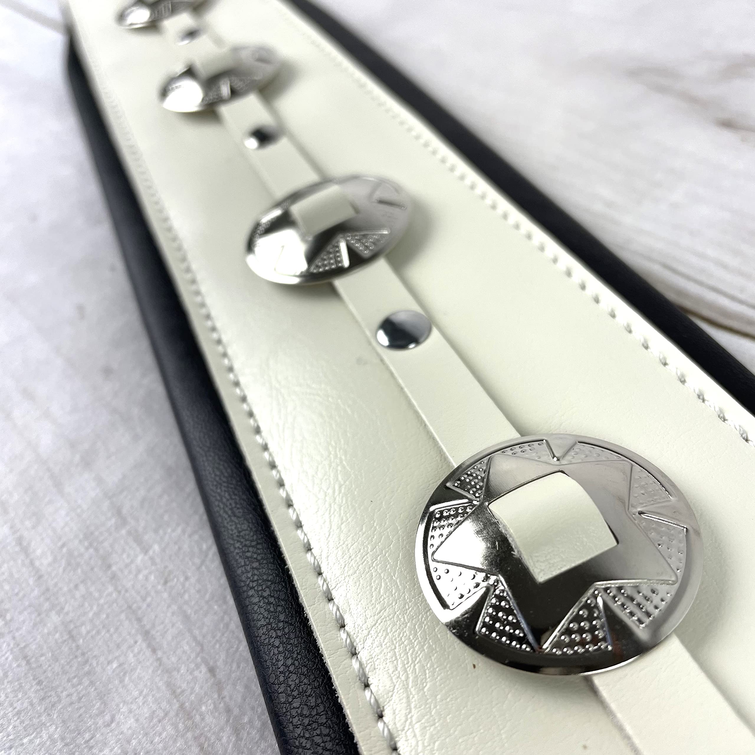 Walker & Williams C-44-WHT Aged White Premium Grain Leather Padded Guitar Strap 3" Wide With Nickel Conchos For Acoustic, Electric, And Bass Guitars - Image 6