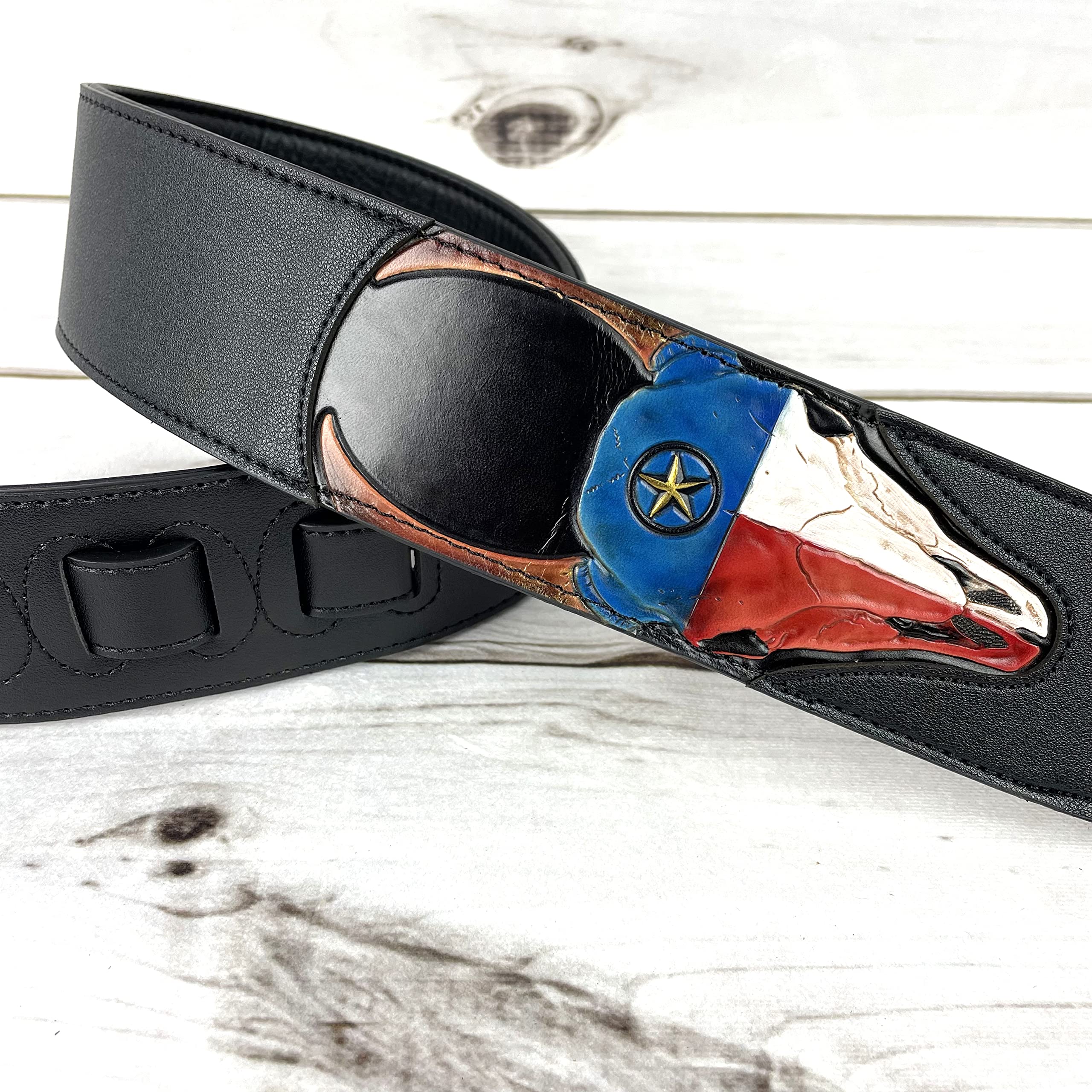 Walker & Williams CVG-19 Black Handmade Guitar Strap With Hand Tooled Red, White, And Blue Texas Star Longhorn Design On Premium Carving Leather For Acoustic, Electric, And Bass Guitars - Image 2