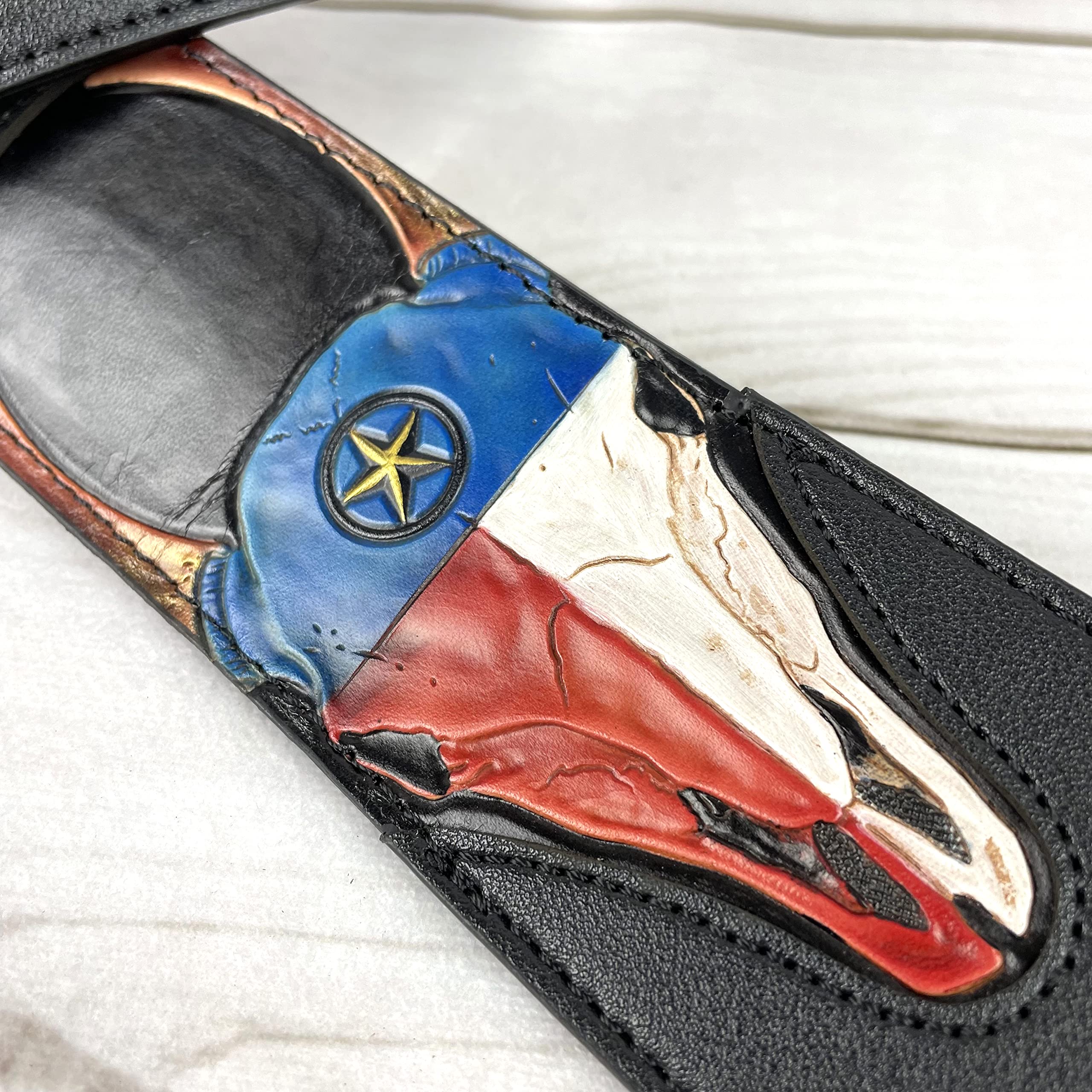 Walker & Williams CVG-19 Black Handmade Guitar Strap With Hand Tooled Red, White, And Blue Texas Star Longhorn Design On Premium Carving Leather For Acoustic, Electric, And Bass Guitars - Image 3