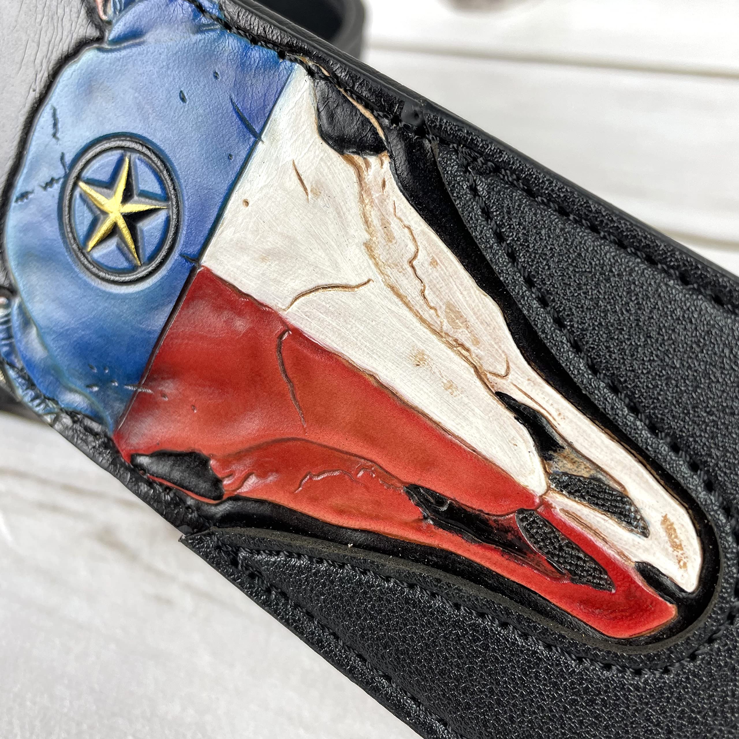 Walker & Williams CVG-19 Black Handmade Guitar Strap With Hand Tooled Red, White, And Blue Texas Star Longhorn Design On Premium Carving Leather For Acoustic, Electric, And Bass Guitars - Image 4