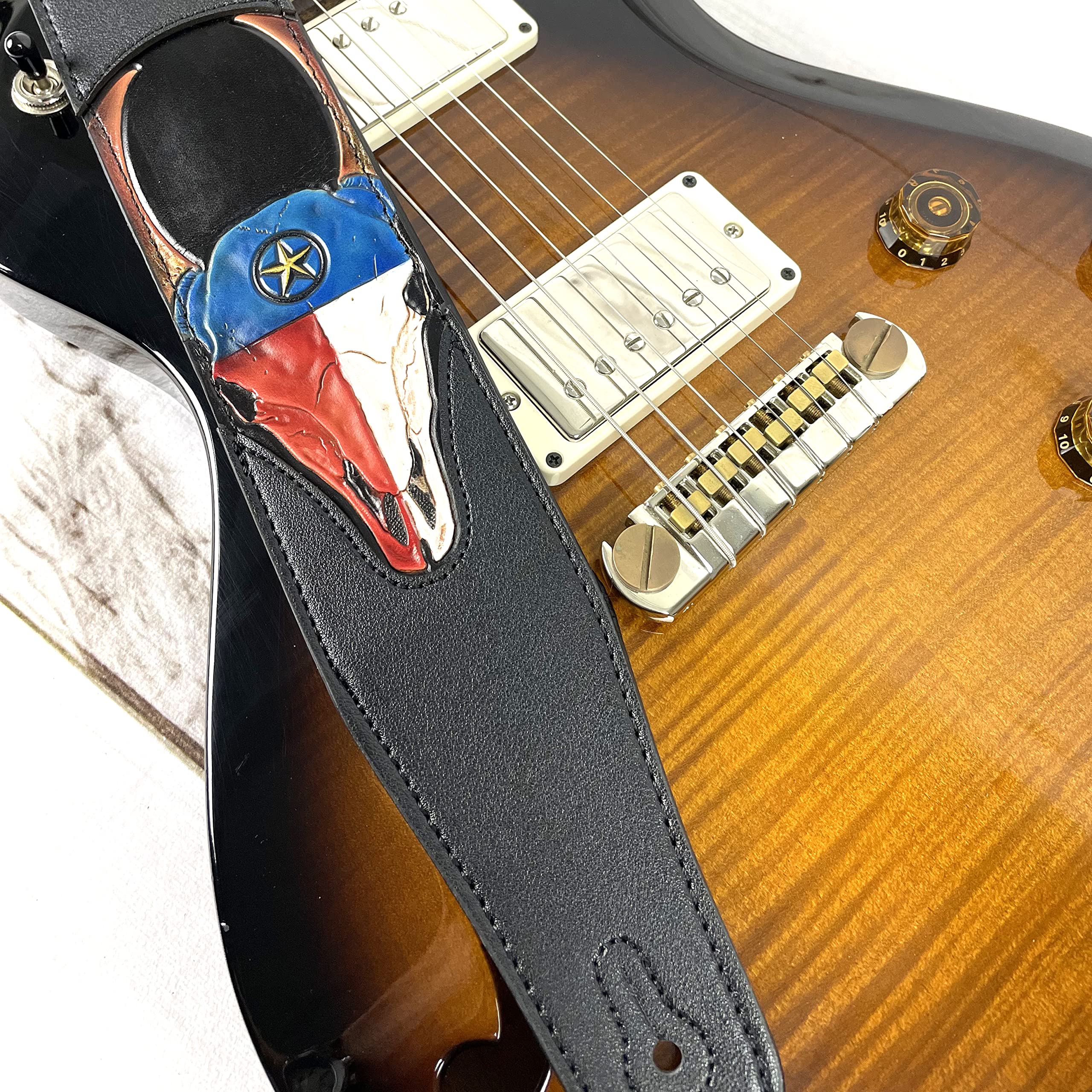 Walker & Williams CVG-19 Black Handmade Guitar Strap With Hand Tooled Red, White, And Blue Texas Star Longhorn Design On Premium Carving Leather For Acoustic, Electric, And Bass Guitars - Image 5