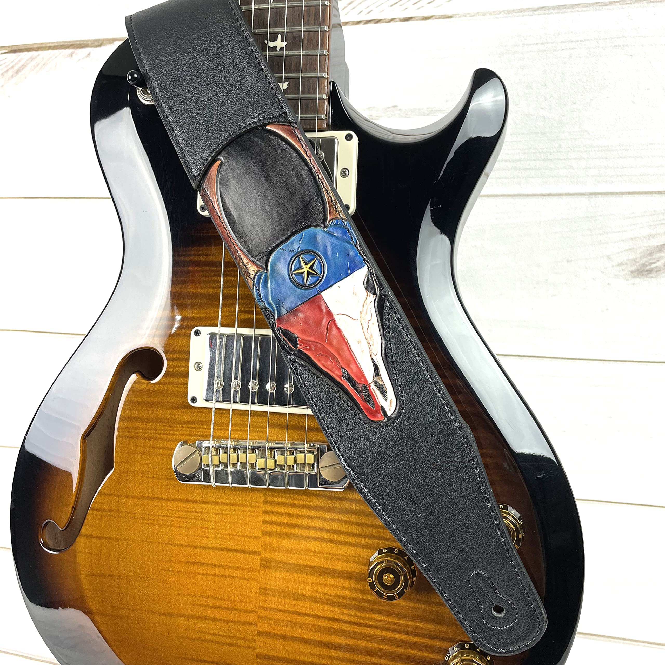 Walker & Williams CVG-19 Black Handmade Guitar Strap With Hand Tooled Red, White, And Blue Texas Star Longhorn Design On Premium Carving Leather For Acoustic, Electric, And Bass Guitars - Image 6
