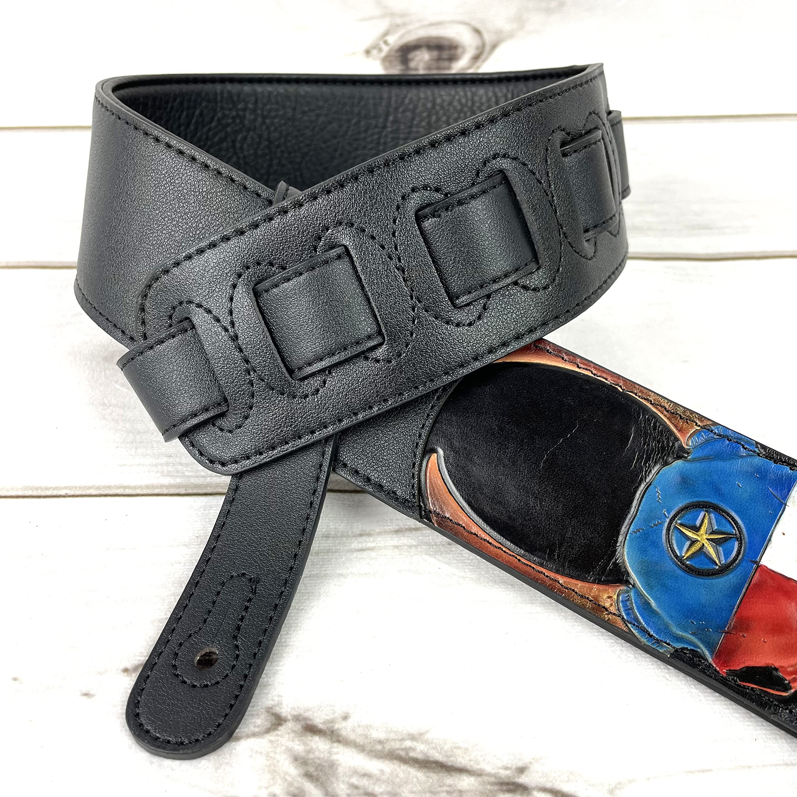 Walker & Williams CVG-19 Black Handmade Guitar Strap With Hand Tooled Red, White, And Blue Texas Star Longhorn Design On Premium Carving Leather For Acoustic, Electric, And Bass Guitars - Image 7