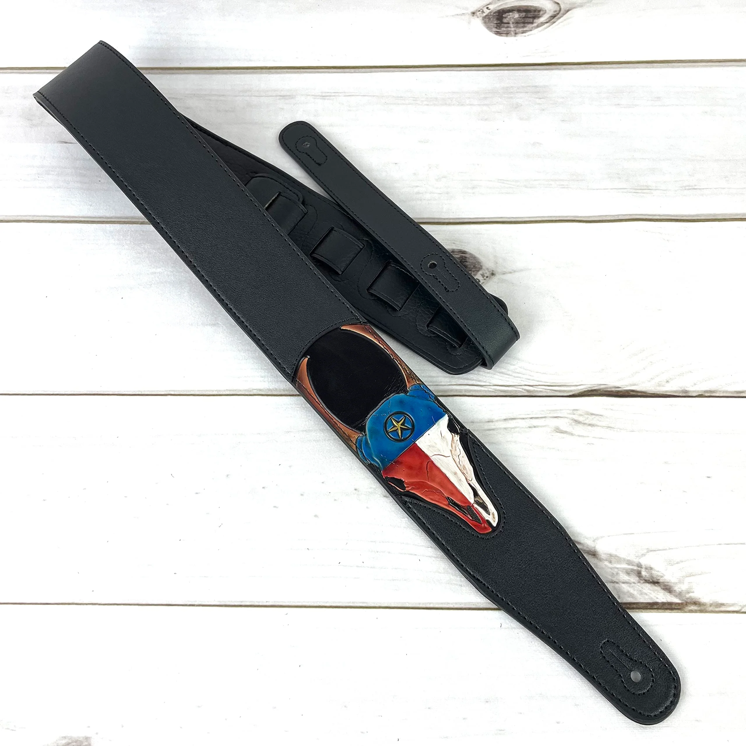Walker & Williams CVG-19 Black Handmade Guitar Strap With Hand Tooled Red, White, And Blue Texas Star Longhorn Design On Premium Carving Leather For Acoustic, Electric, And Bass Guitars - Image 8