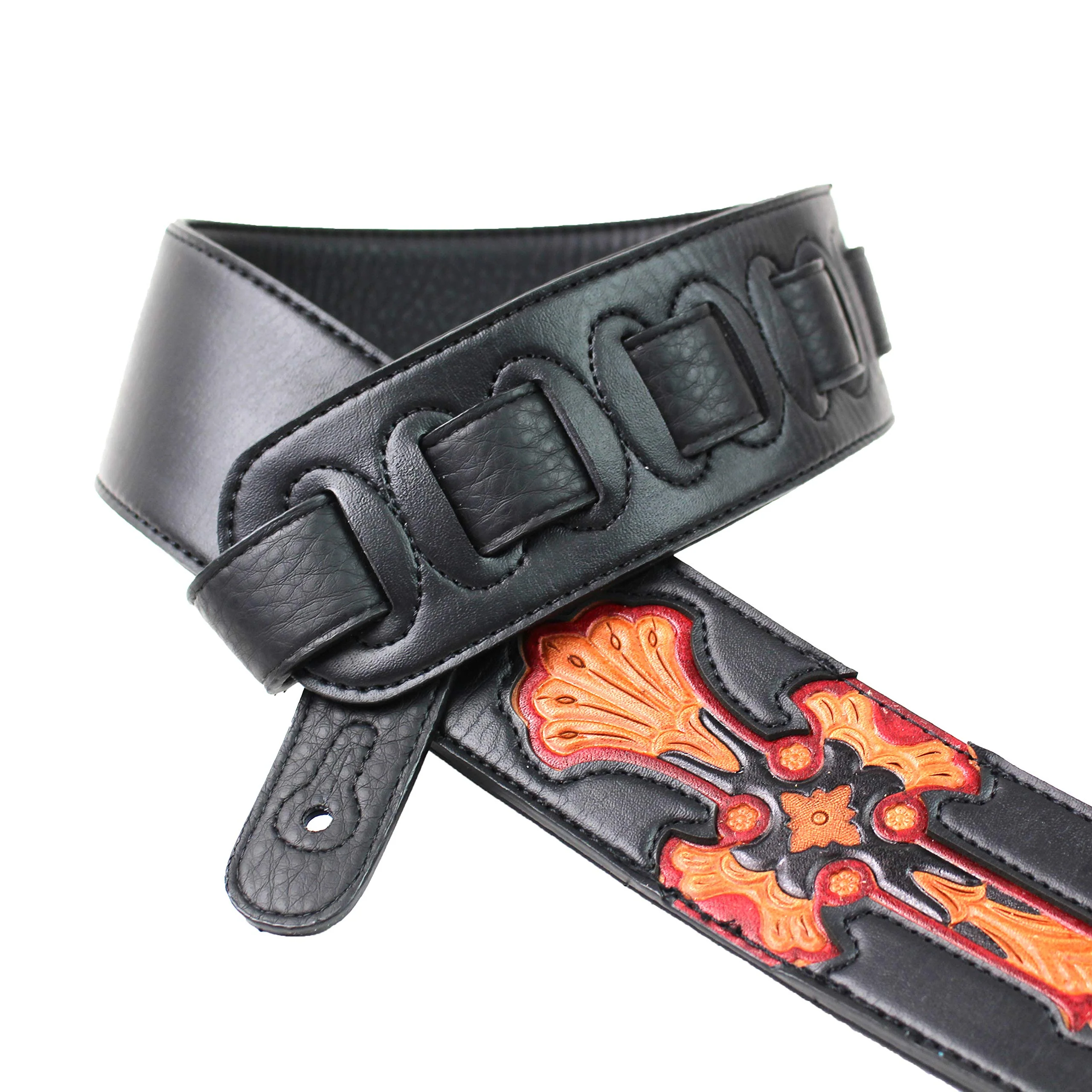 Walker & Williams CVG-23-BB Handmade Black On Black Padded Guitar Strap With Red Leather Hand Tooled Christian Cross Design For Acoustic, Electric, And Bass Guitars - Image 2