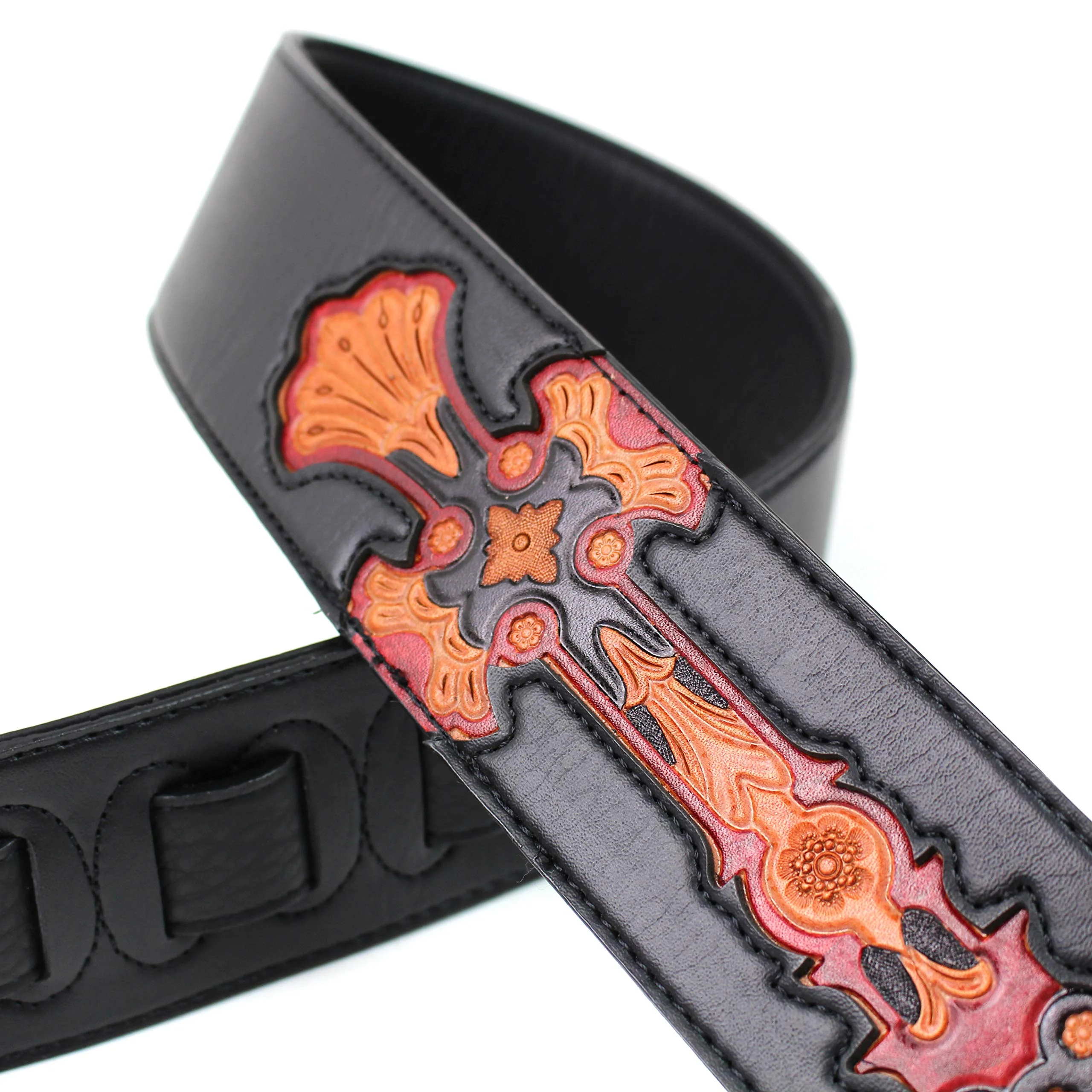 Walker & Williams CVG-23-BB Handmade Black On Black Padded Guitar Strap With Red Leather Hand Tooled Christian Cross Design For Acoustic, Electric, And Bass Guitars - Image 3