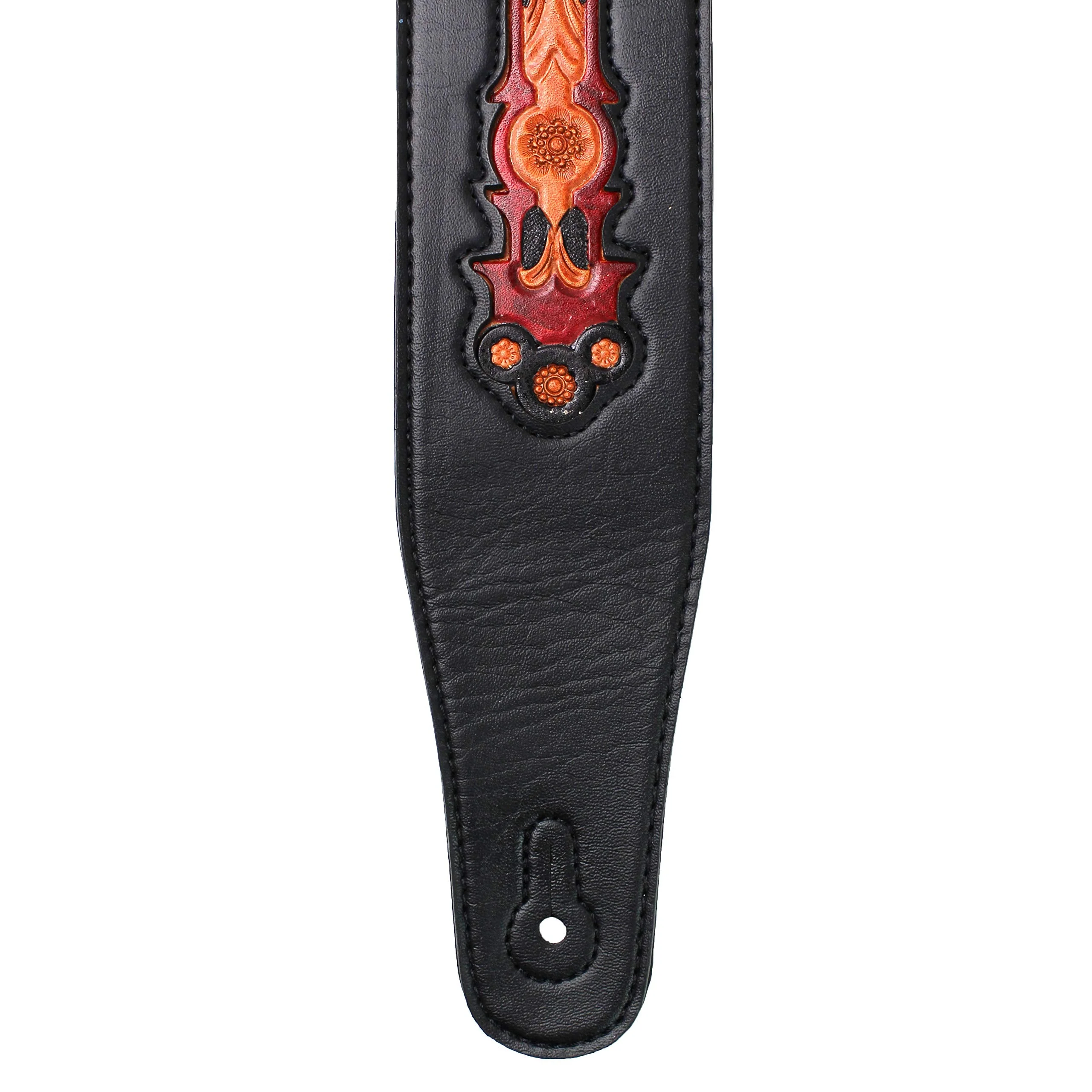 Walker & Williams CVG-23-BB Handmade Black On Black Padded Guitar Strap With Red Leather Hand Tooled Christian Cross Design For Acoustic, Electric, And Bass Guitars - Image 4