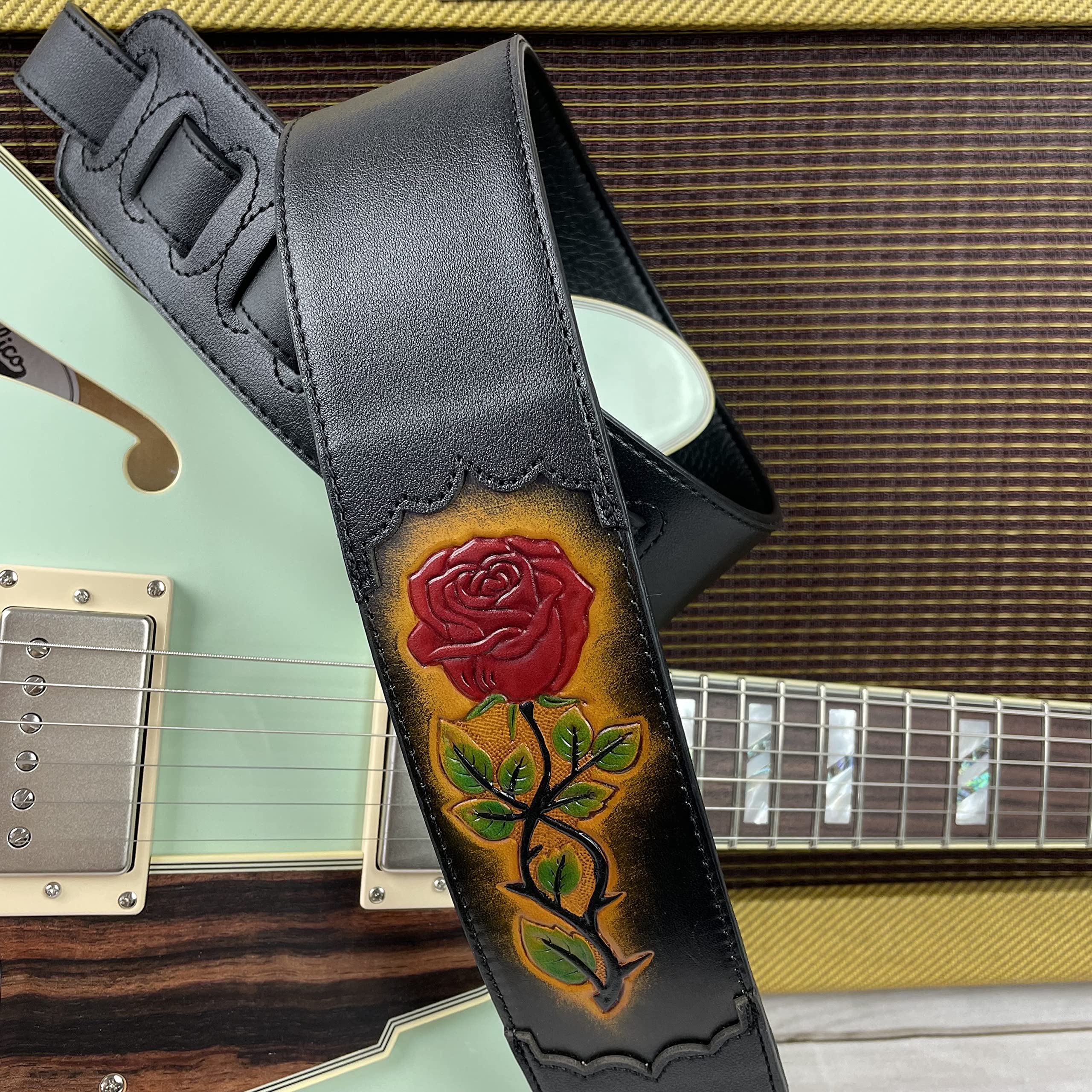 Walker & Williams CVG-56 Black Leather Strap With 100% Hand Tooled Red Rose Design - Image 2