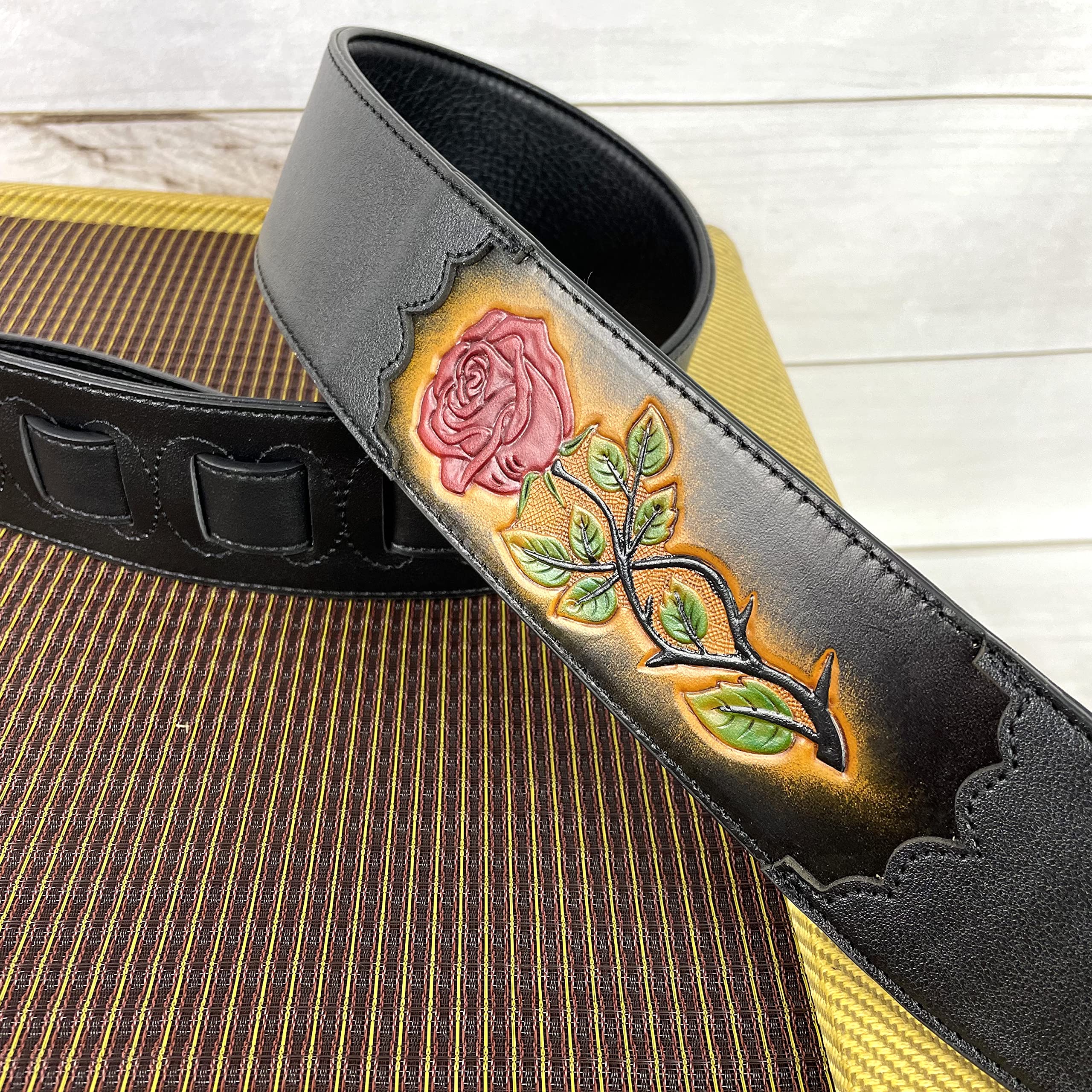 Walker & Williams CVG-56 Black Leather Strap With 100% Hand Tooled Red Rose Design - Image 3