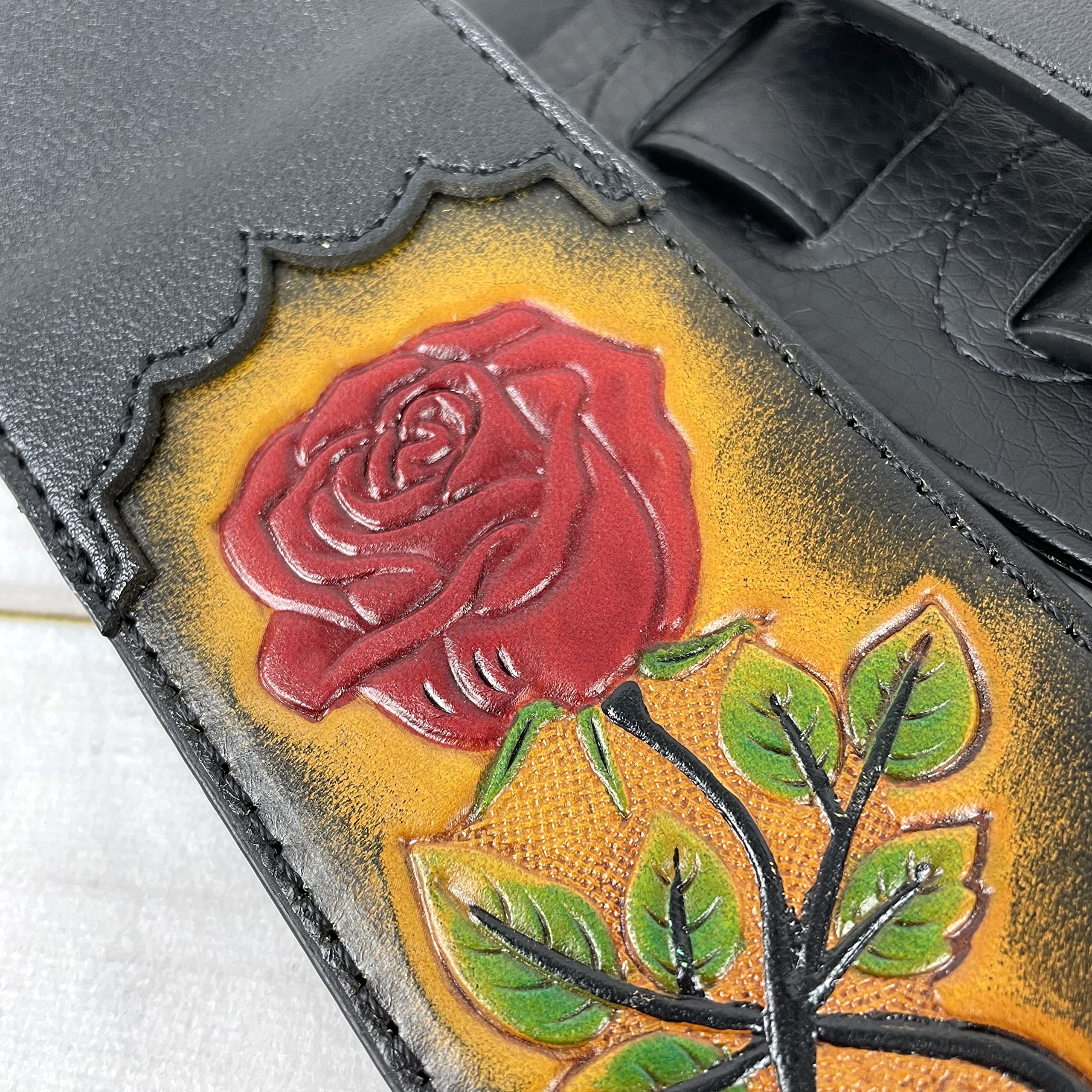 Walker & Williams CVG-56 Black Leather Strap With 100% Hand Tooled Red Rose Design - Image 5