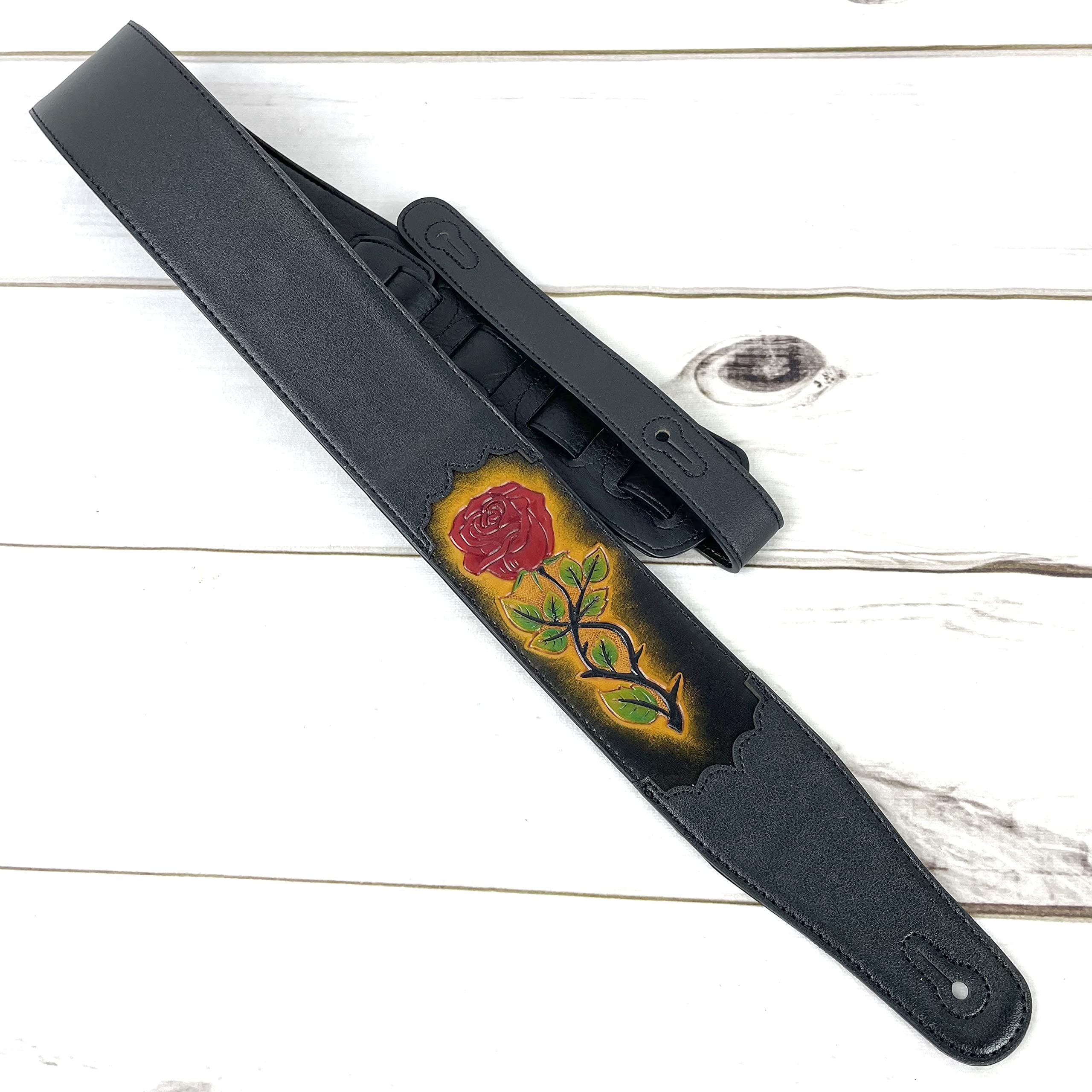 Walker & Williams CVG-56 Black Leather Strap With 100% Hand Tooled Red Rose Design - Image 6
