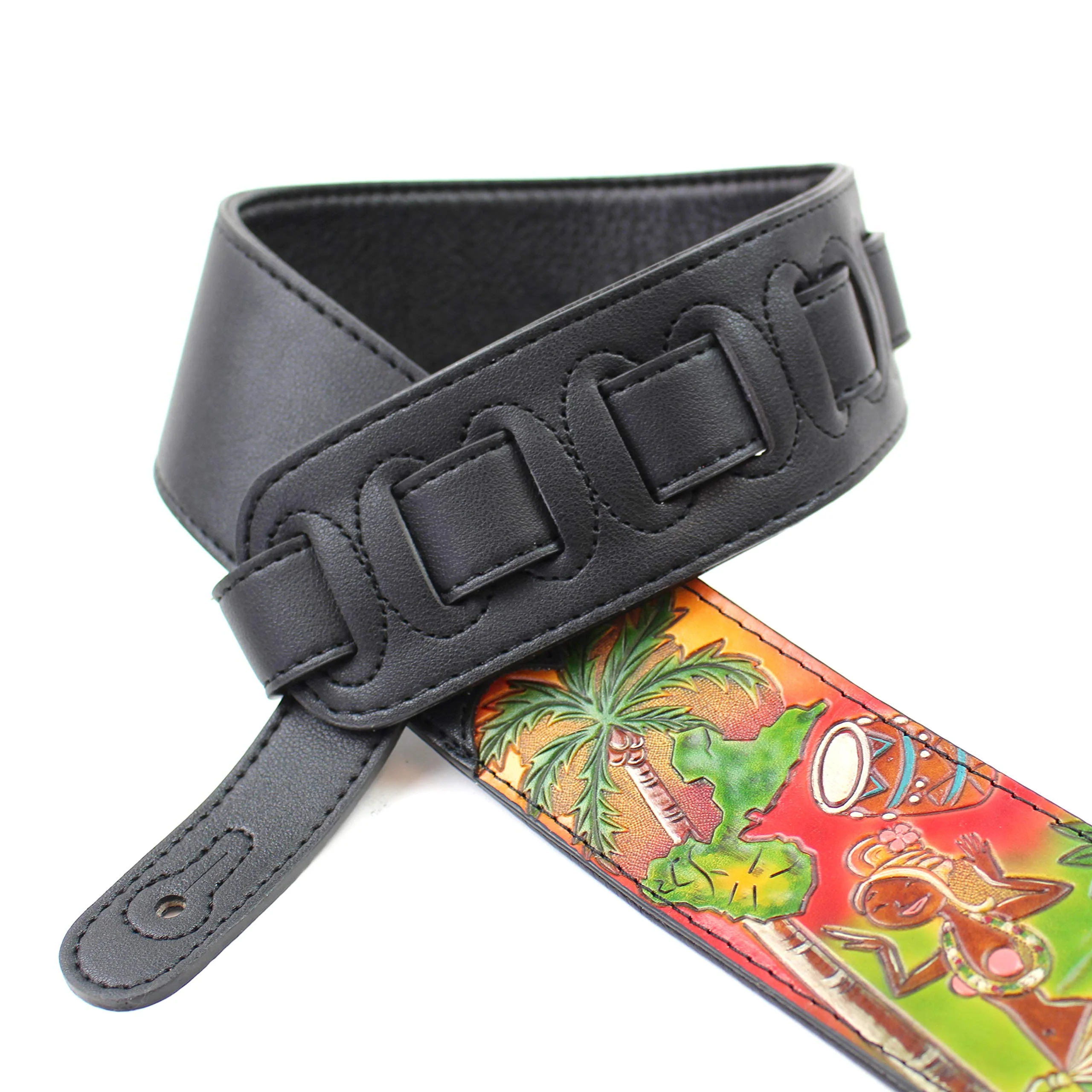 Walker & Williams CVG-HWI Hand Carved Black Leather Guitar Strap With Bright Sunset Island Dancer Scene For Acoustic, Electric, And Bass Guitars - Image 2