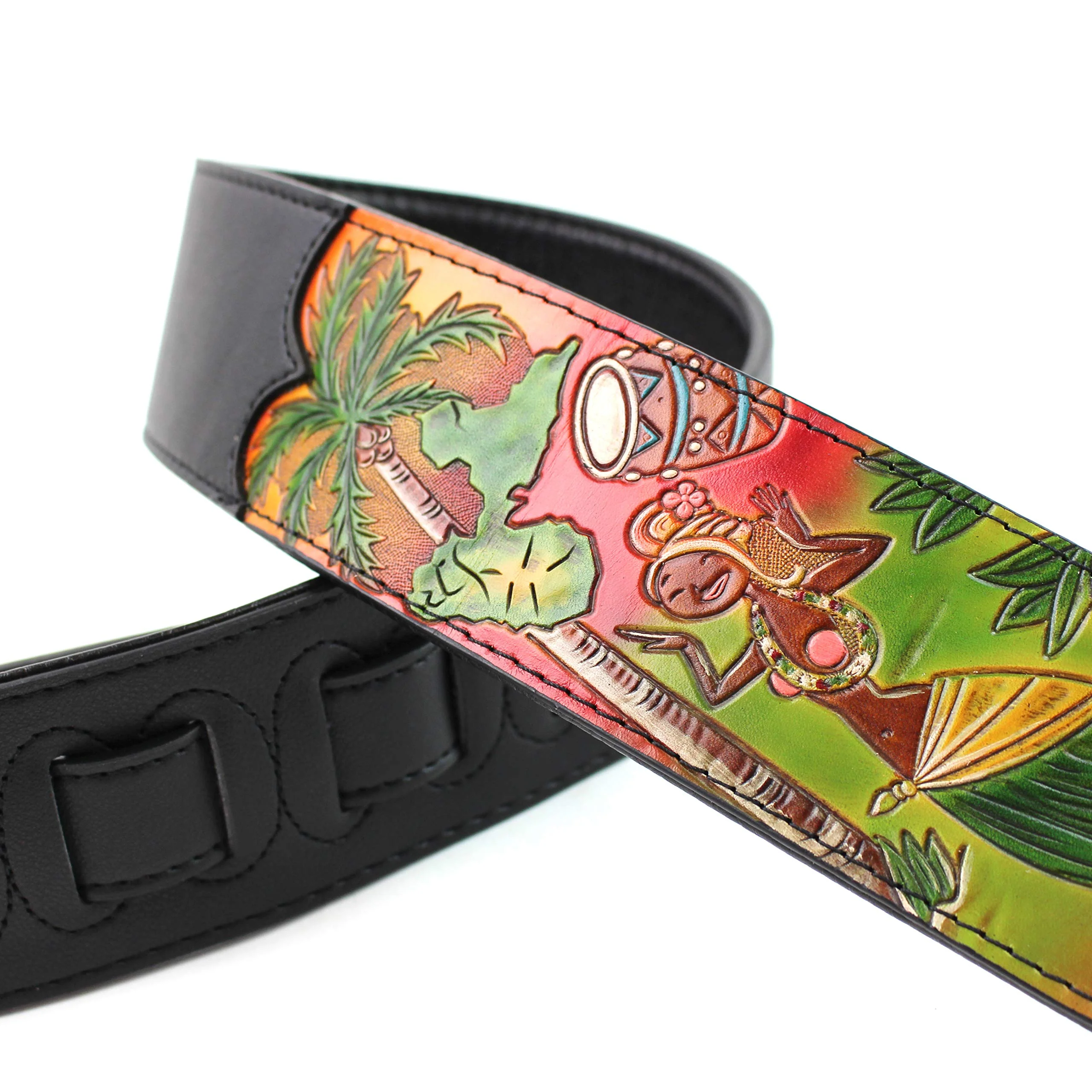 Walker & Williams CVG-HWI Hand Carved Black Leather Guitar Strap With Bright Sunset Island Dancer Scene For Acoustic, Electric, And Bass Guitars - Image 3