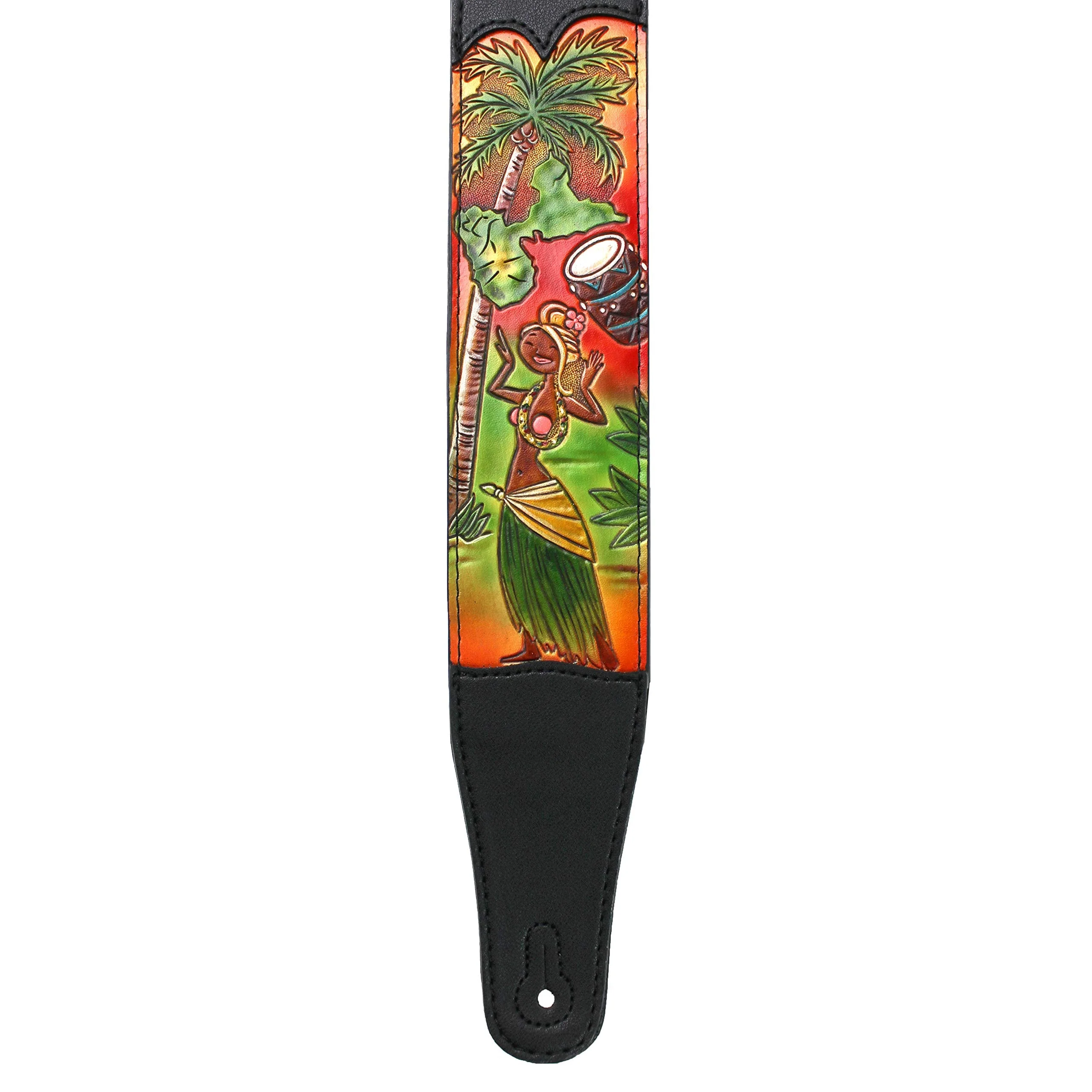 Walker & Williams CVG-HWI Hand Carved Black Leather Guitar Strap With Bright Sunset Island Dancer Scene For Acoustic, Electric, And Bass Guitars - Image 5