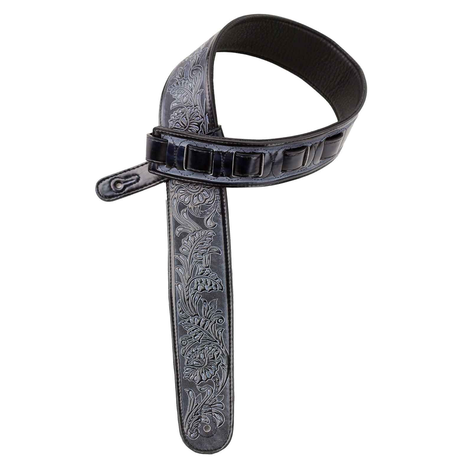 Walker & Williams DLX-282 Handmade Brushed Black Padded Guitar Strap with Embossed Tooling For Acoustic, Electric, And Bass Guitars - Image 6