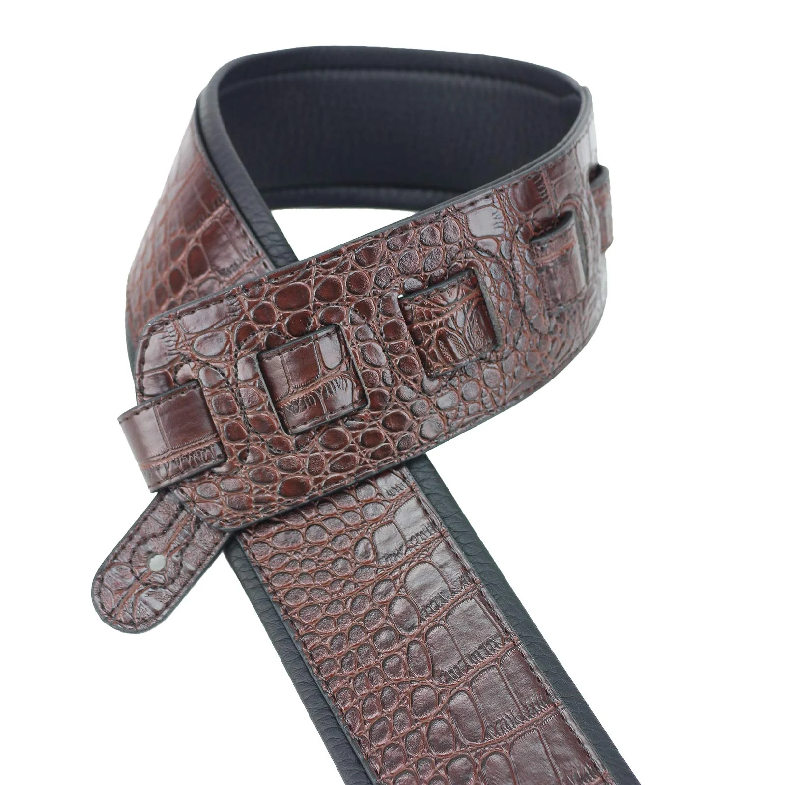 Walker & Williams F-12-C Cognac Brown 3" Wide Alligator Textured Padded Guitar Strap For Acoustic, Electric, And Bass Guitars - Image 3