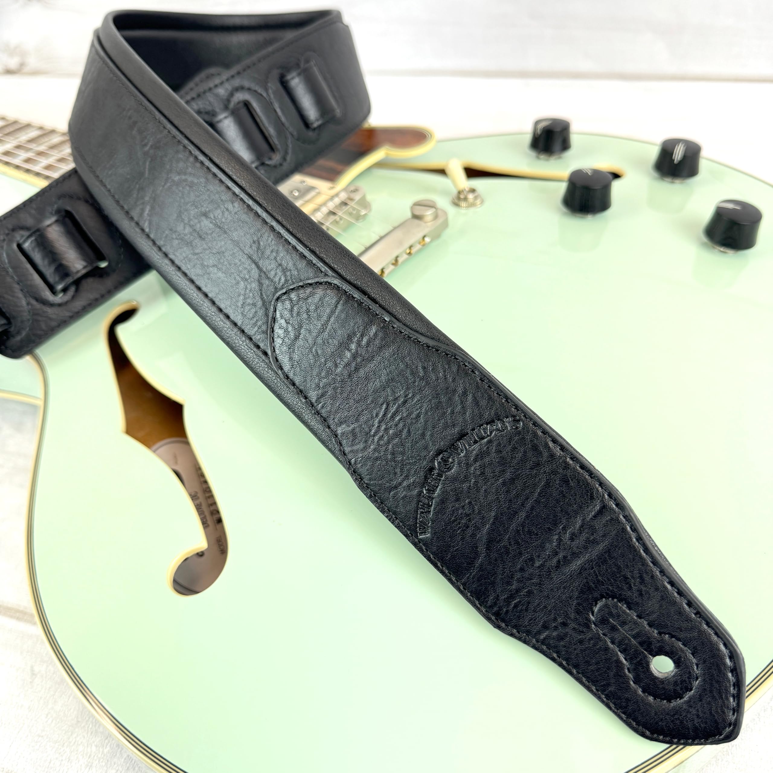 Walker & Williams G-105 Black on Black 2' Wide Guitar Strap with Padded Glove Leather Back For Acoustic, Electric, And Bass Guitars - Image 2