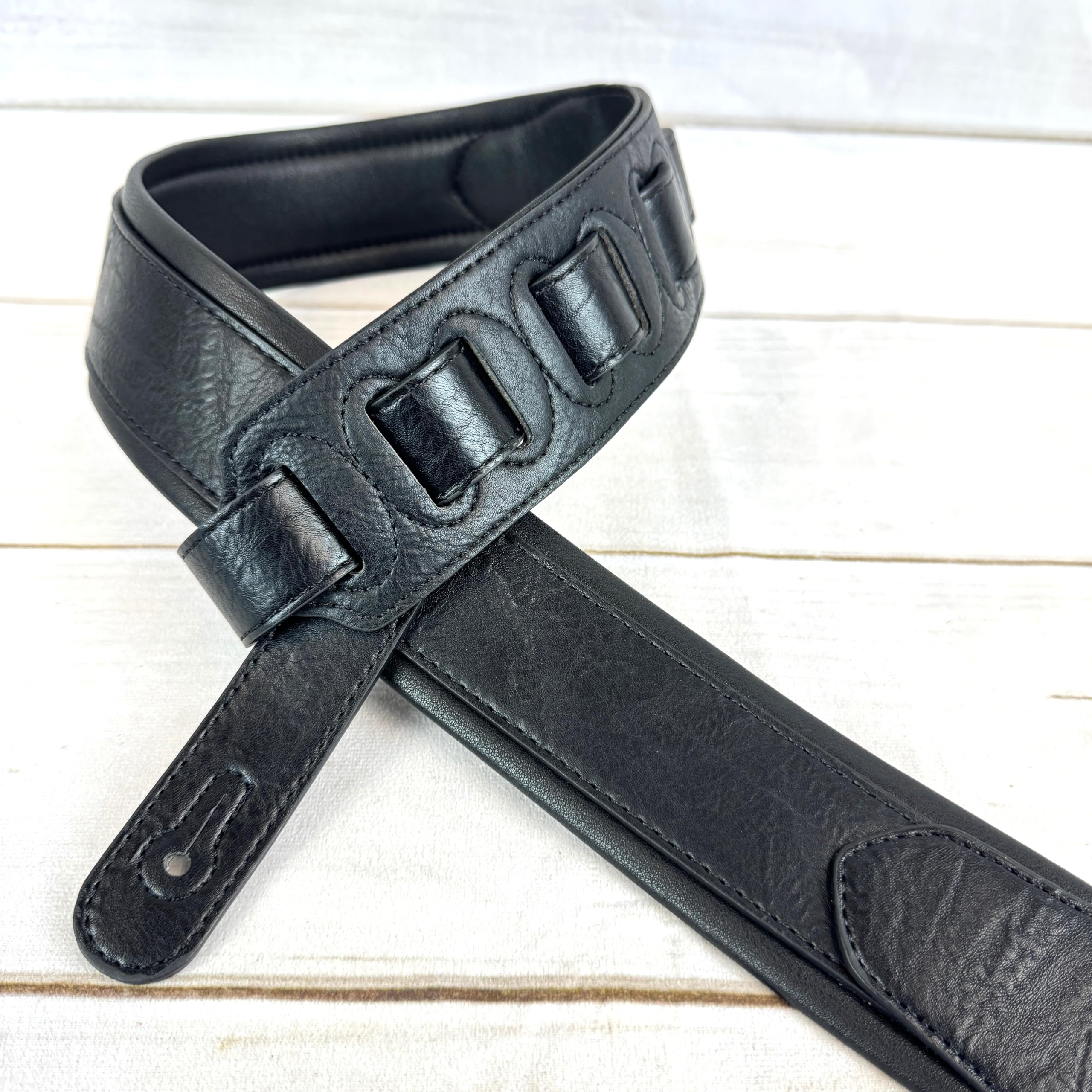 Walker & Williams G-105 Black on Black 2' Wide Guitar Strap with Padded Glove Leather Back For Acoustic, Electric, And Bass Guitars - Image 3