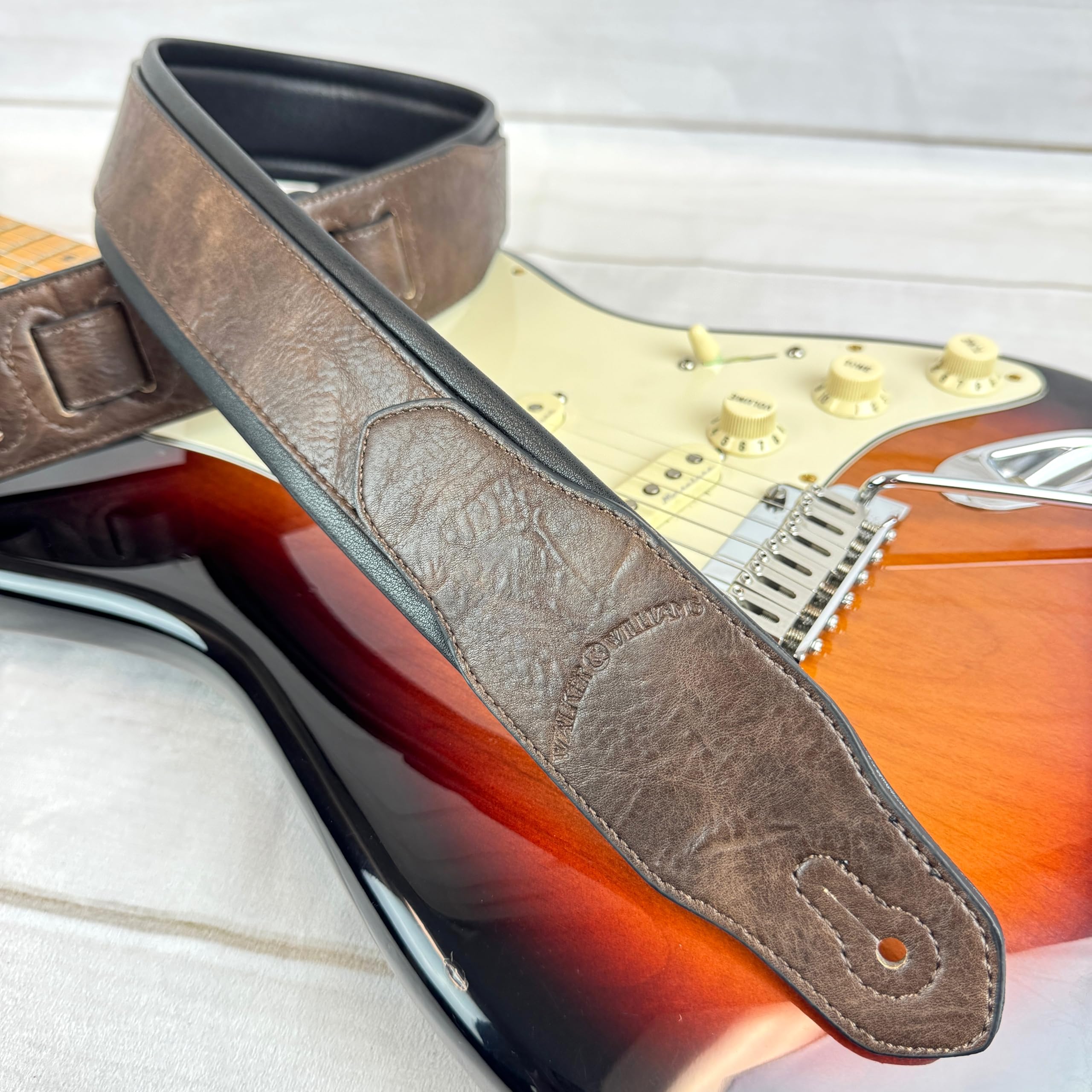 Walker & Williams G-108 Walnut Brown 2" Wide Guitar Strap with Padded Glove Leather Back For Acoustic, Electric, And Bass Guitars - Image 2