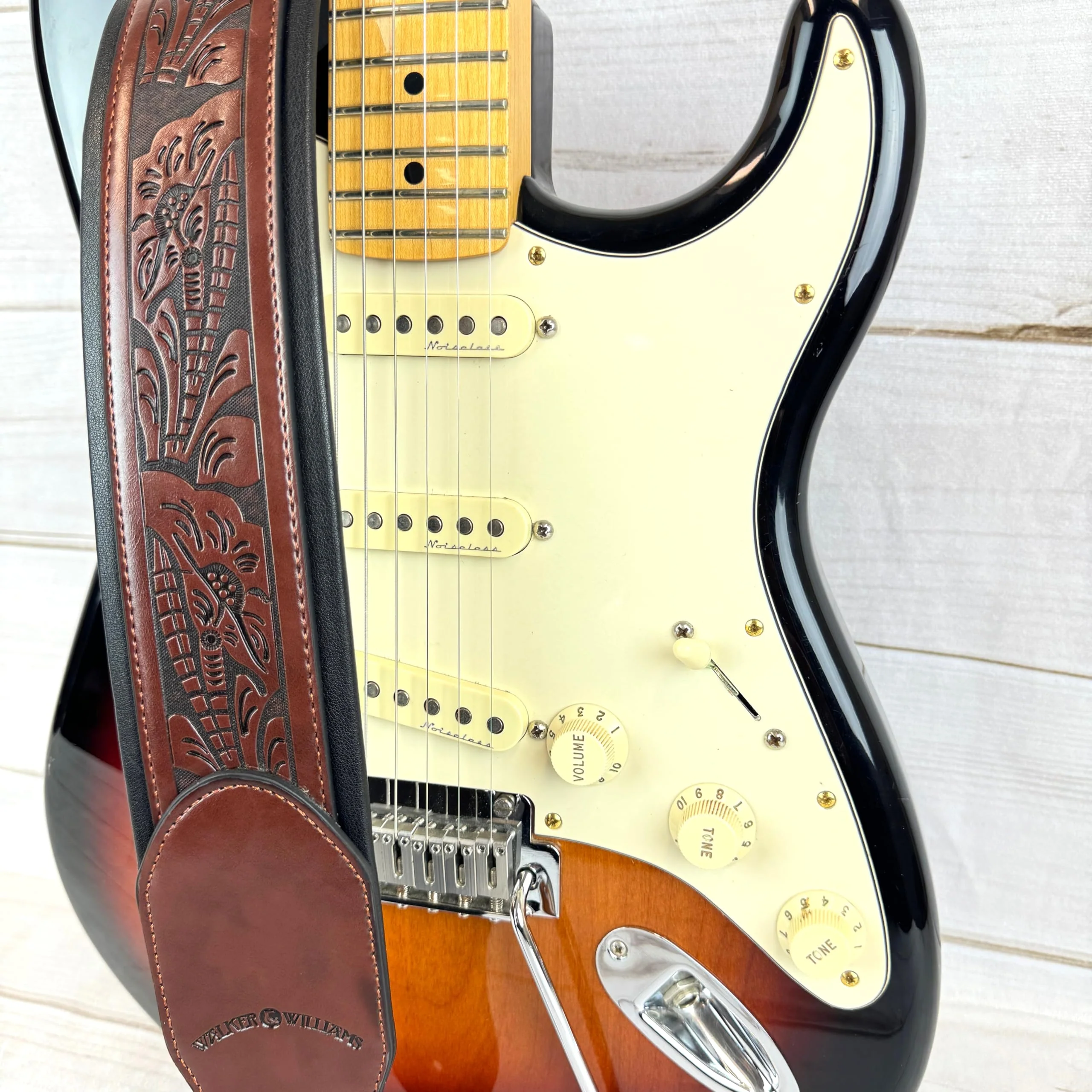Walker & Williams G-110 Mahogany Brown Padded Guitar Strap with Embossed Live Oak Tooling For Acoustic, Electric, And Bass Guitars - Image 2