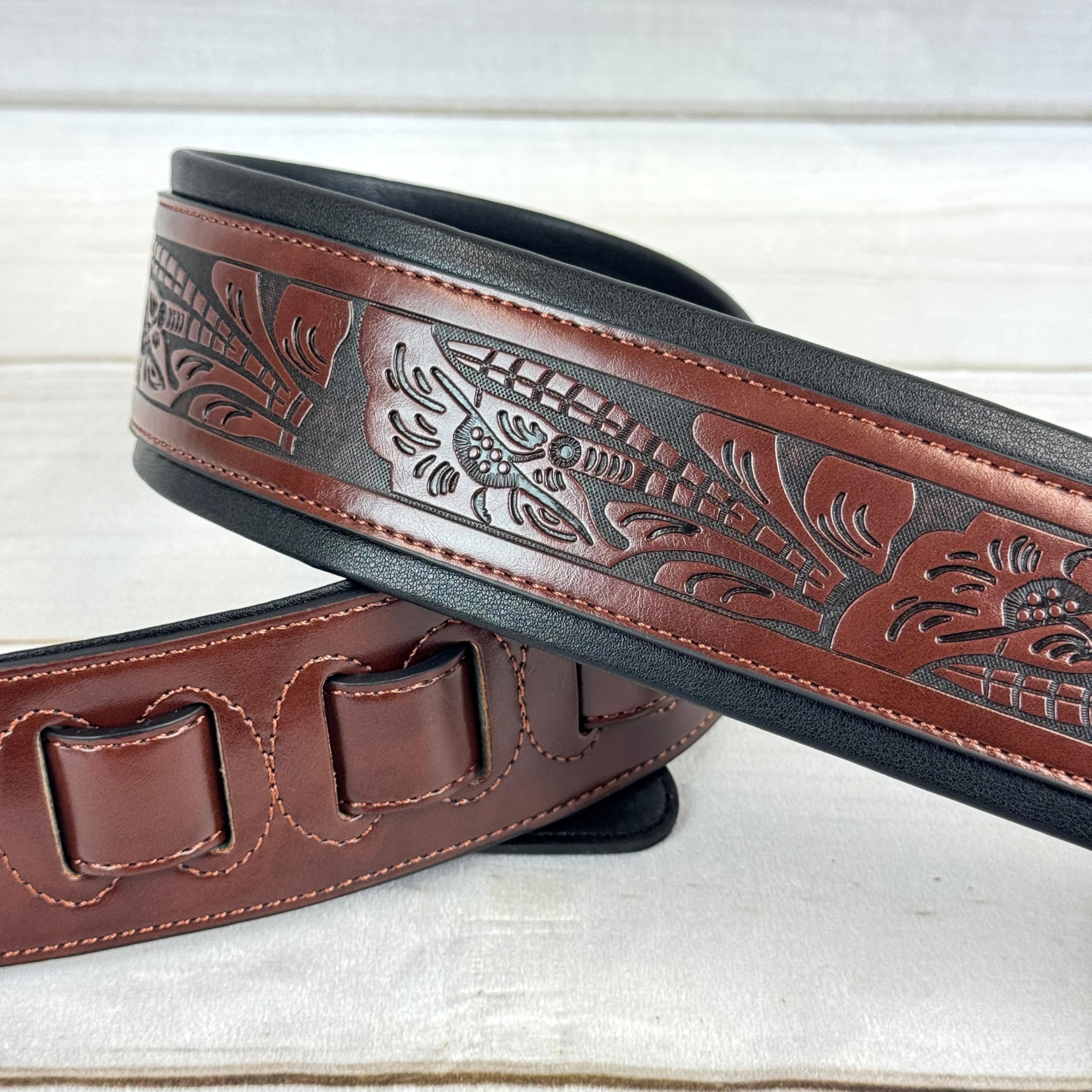 Walker & Williams G-110 Mahogany Brown Padded Guitar Strap with Embossed Live Oak Tooling For Acoustic, Electric, And Bass Guitars - Image 4