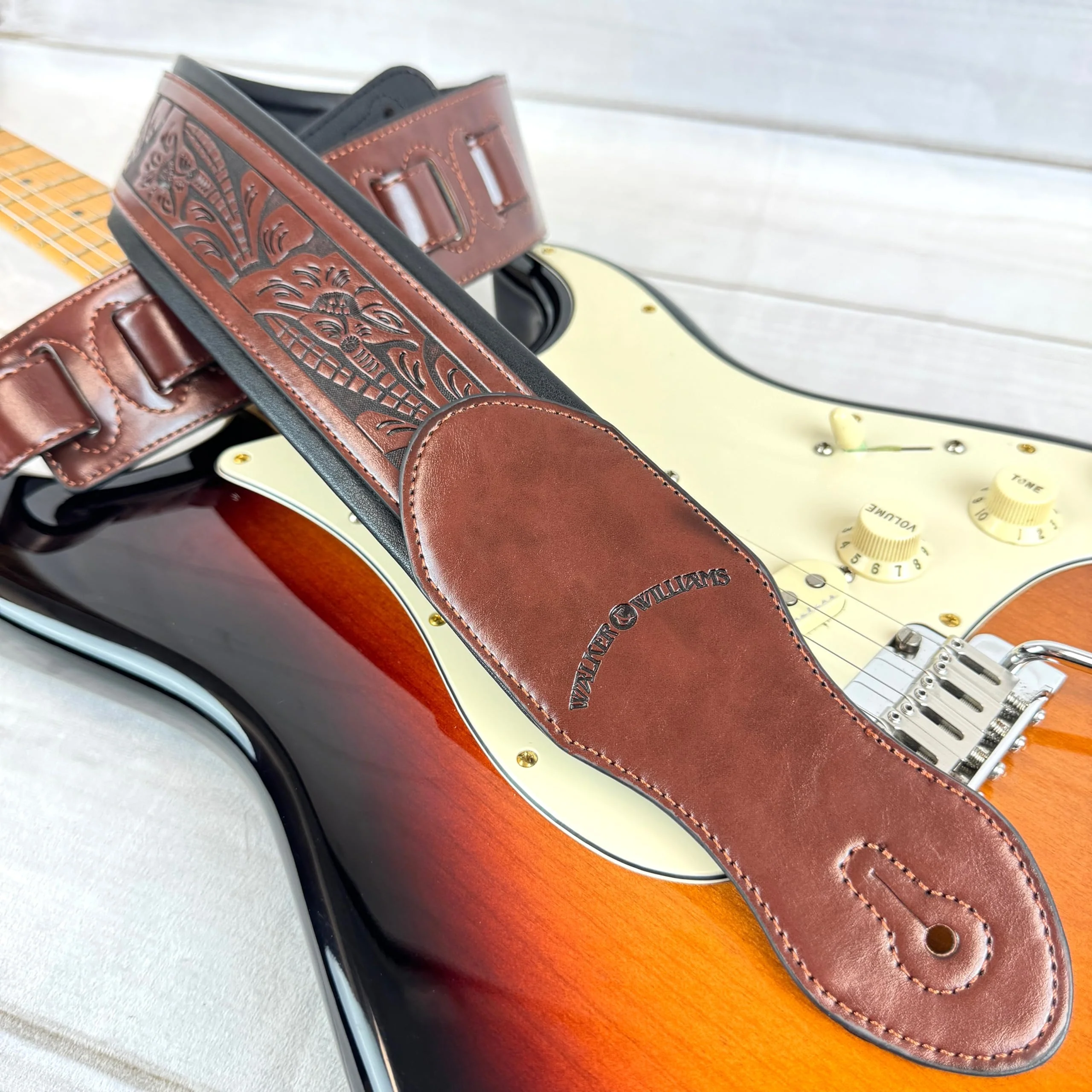 Walker & Williams G-110 Mahogany Brown Padded Guitar Strap with Embossed Live Oak Tooling For Acoustic, Electric, And Bass Guitars - Image 5