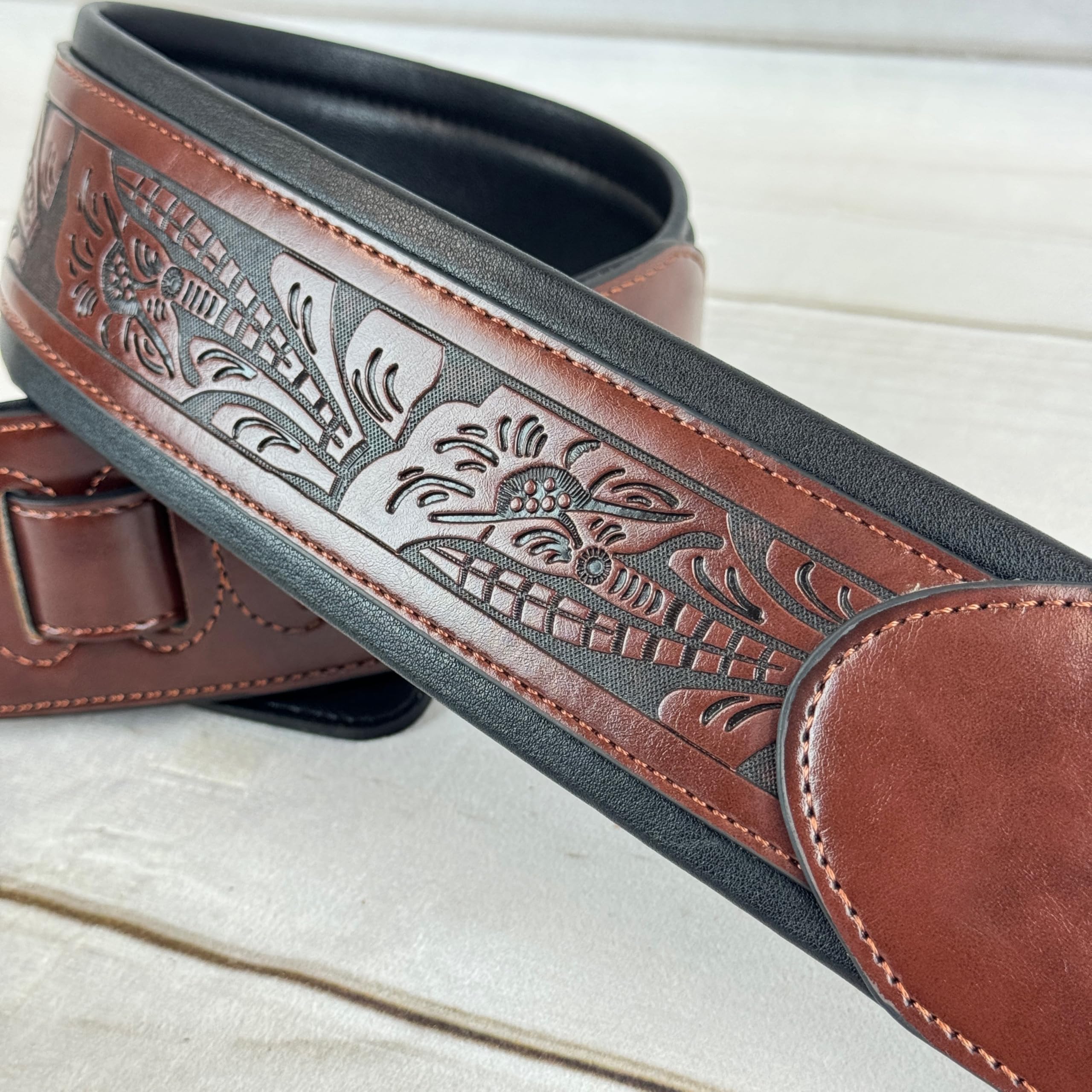 Walker & Williams G-110 Mahogany Brown Padded Guitar Strap with Embossed Live Oak Tooling For Acoustic, Electric, And Bass Guitars - Image 8