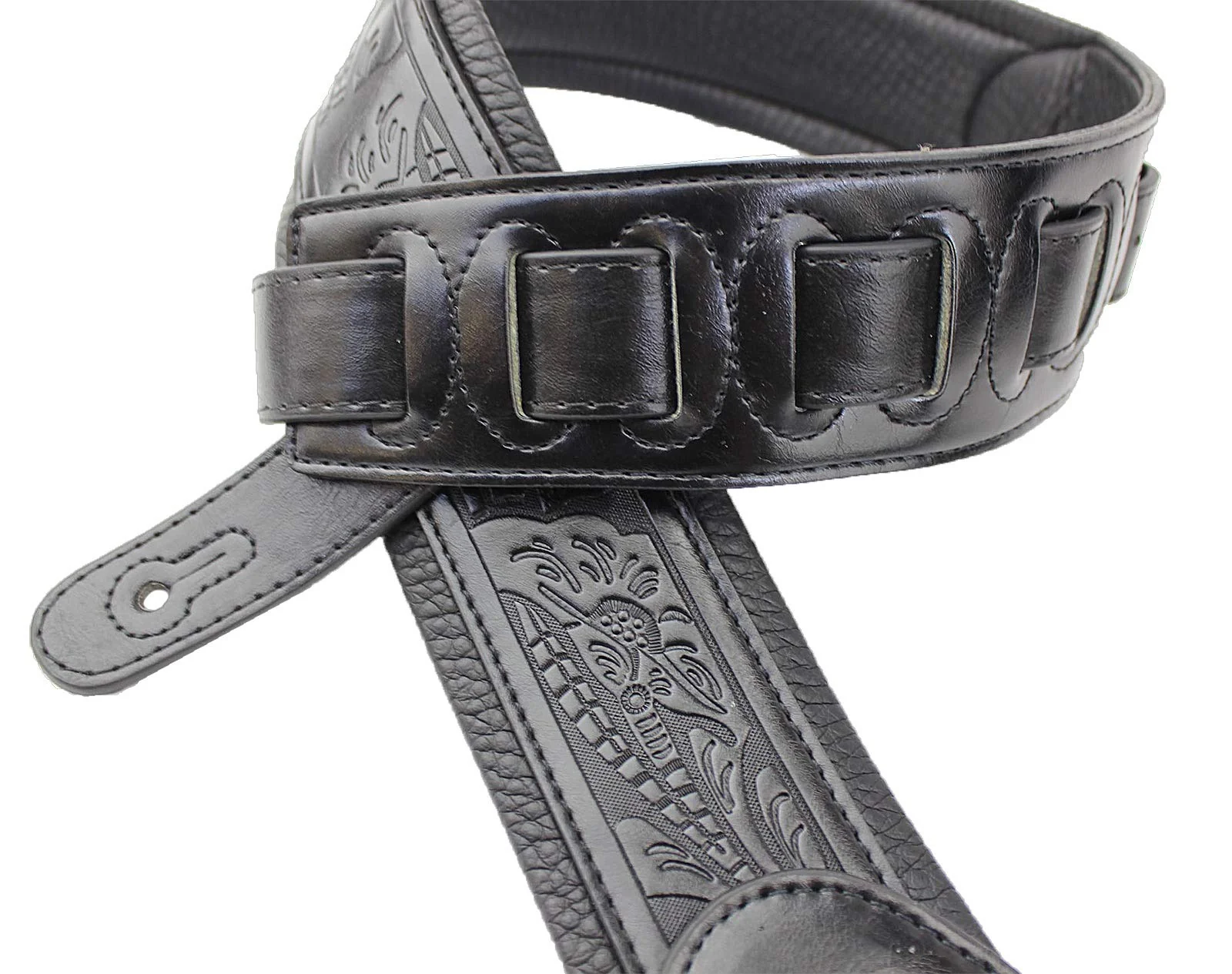 Walker & Williams G-118 Black on Black Padded Guitar Strap with Embossed Tooling & Padded Glove Leather Back For Acoustic, Electric, And Bass Guitars - Image 3