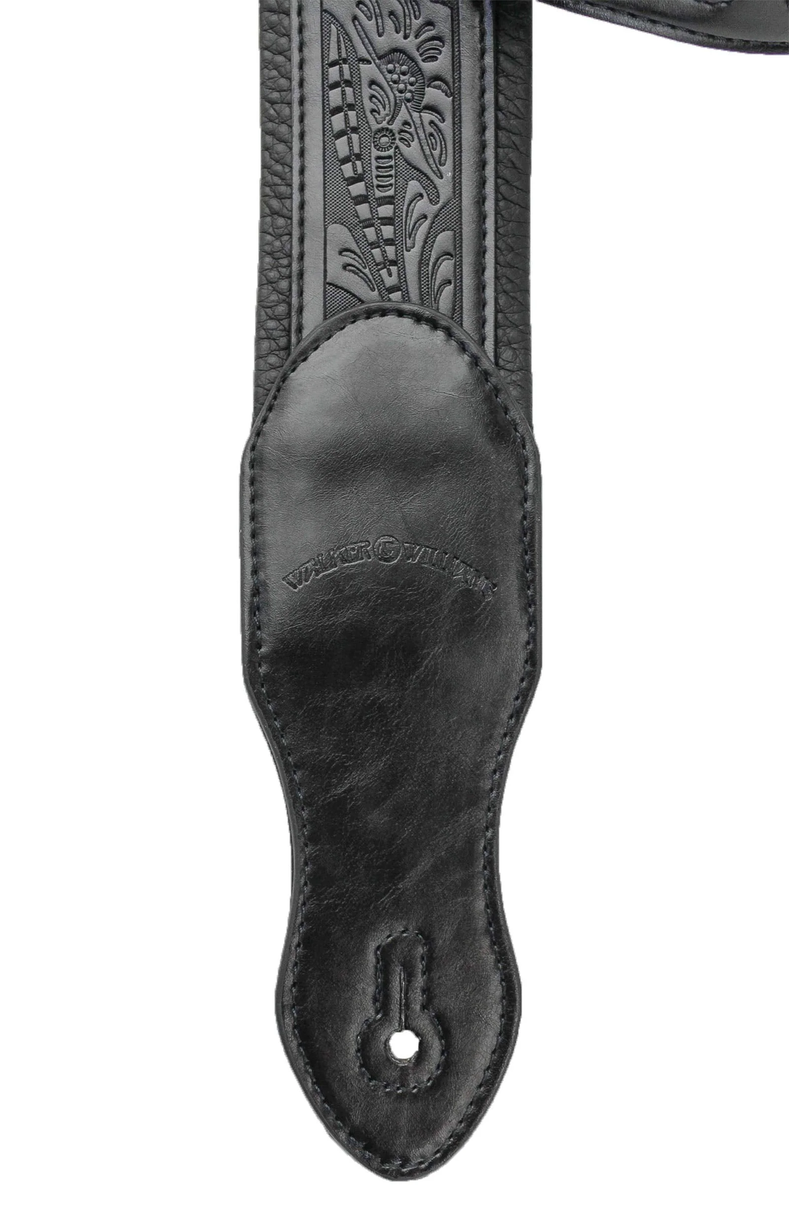 Walker & Williams G-118 Black on Black Padded Guitar Strap with Embossed Tooling & Padded Glove Leather Back For Acoustic, Electric, And Bass Guitars - Image 4