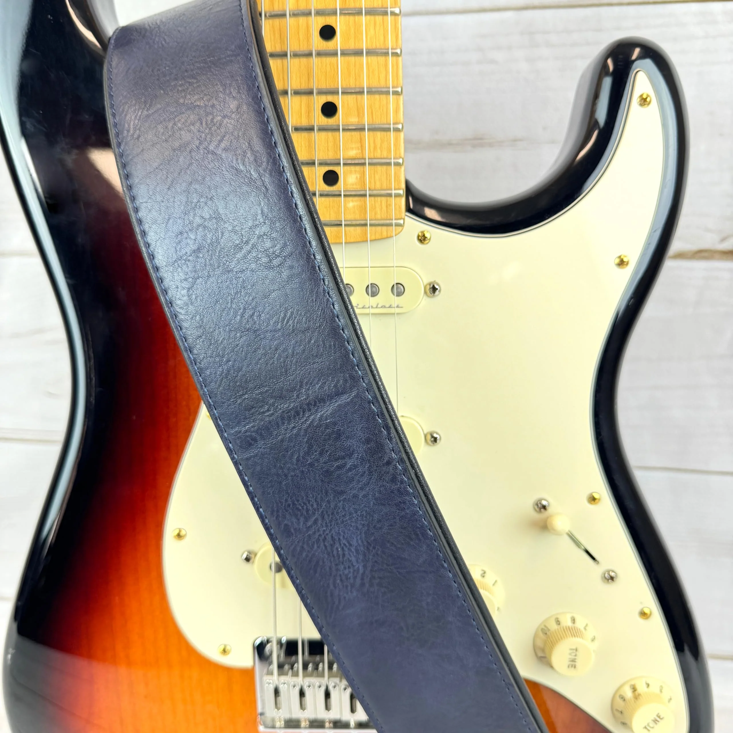 Walker & Williams G-52 Navy Blue Handmade Soft Natural Finish Guitar Strap with Padded Glove Leather Back, And Squared Nose For Acoustic, Electric, And Bass Guitars - Image 5