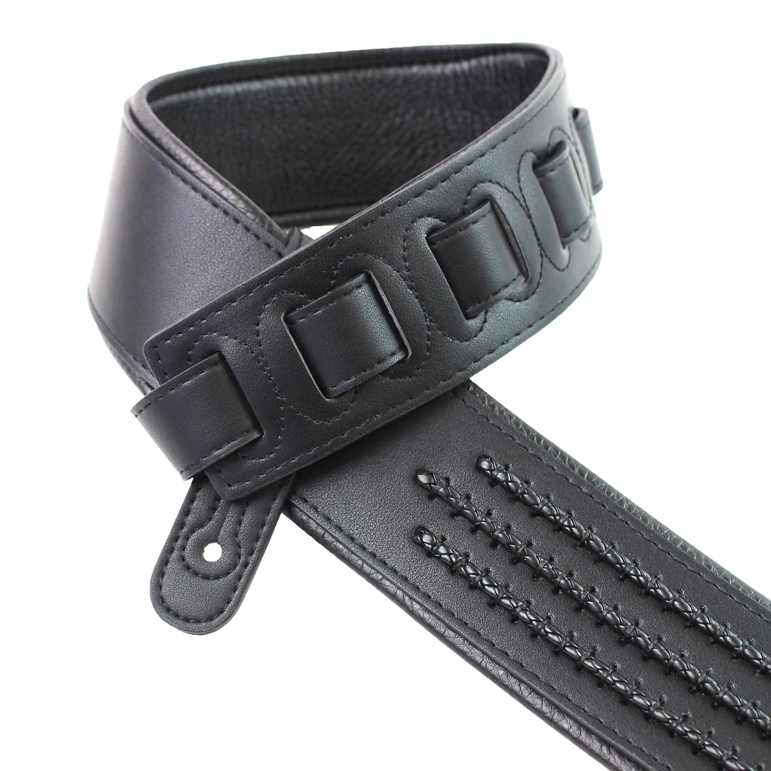 Walker & Williams G-55-BLK Matte Black Padded Guitar Strap with Black Leather Lacing - Image 2