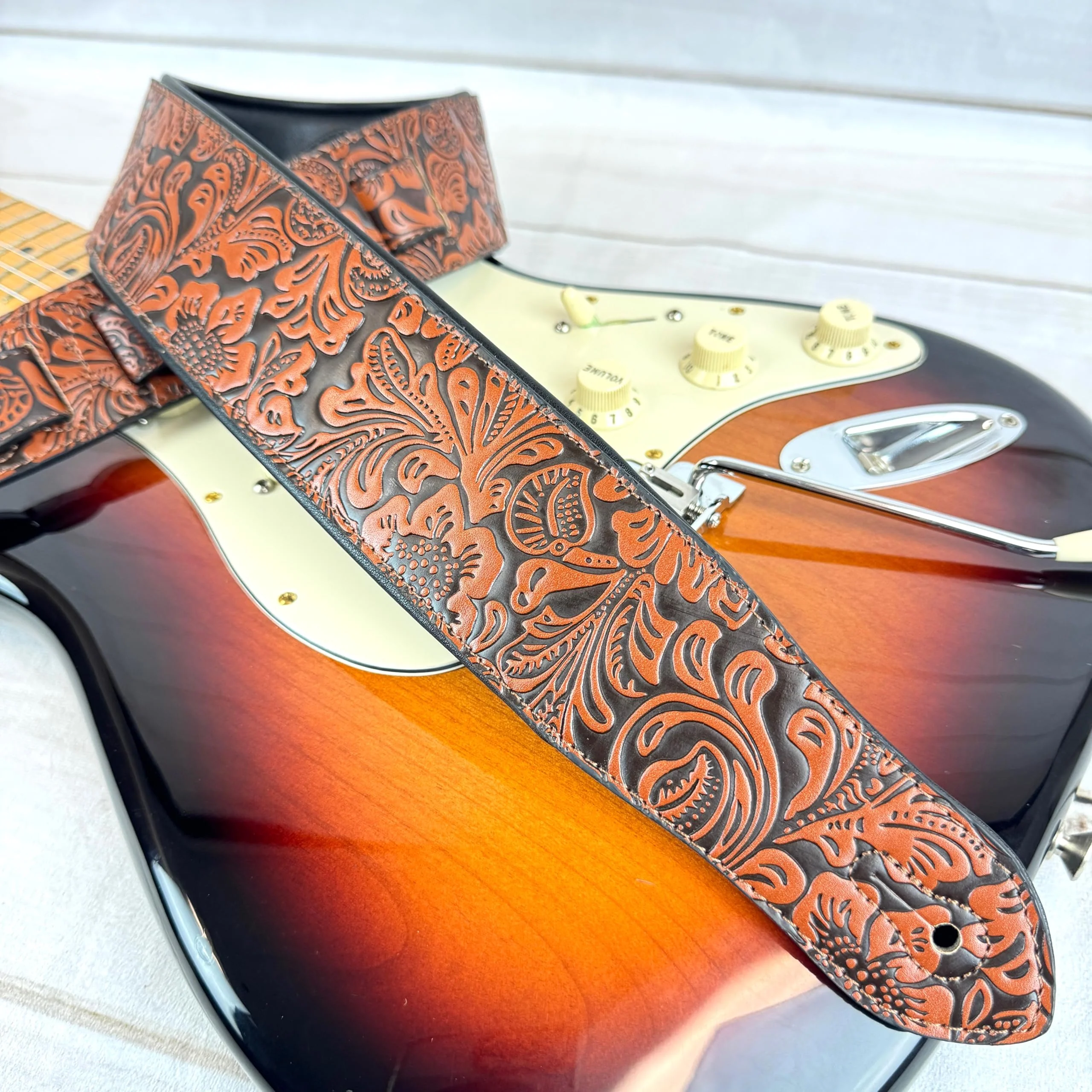 Walker & Williams G-973 Handmade Brown And Latigo Tan Western Embossed Guitar Strap with Soft Padded Back For Acoustic, Electric, And Bass Guitars - Image 2