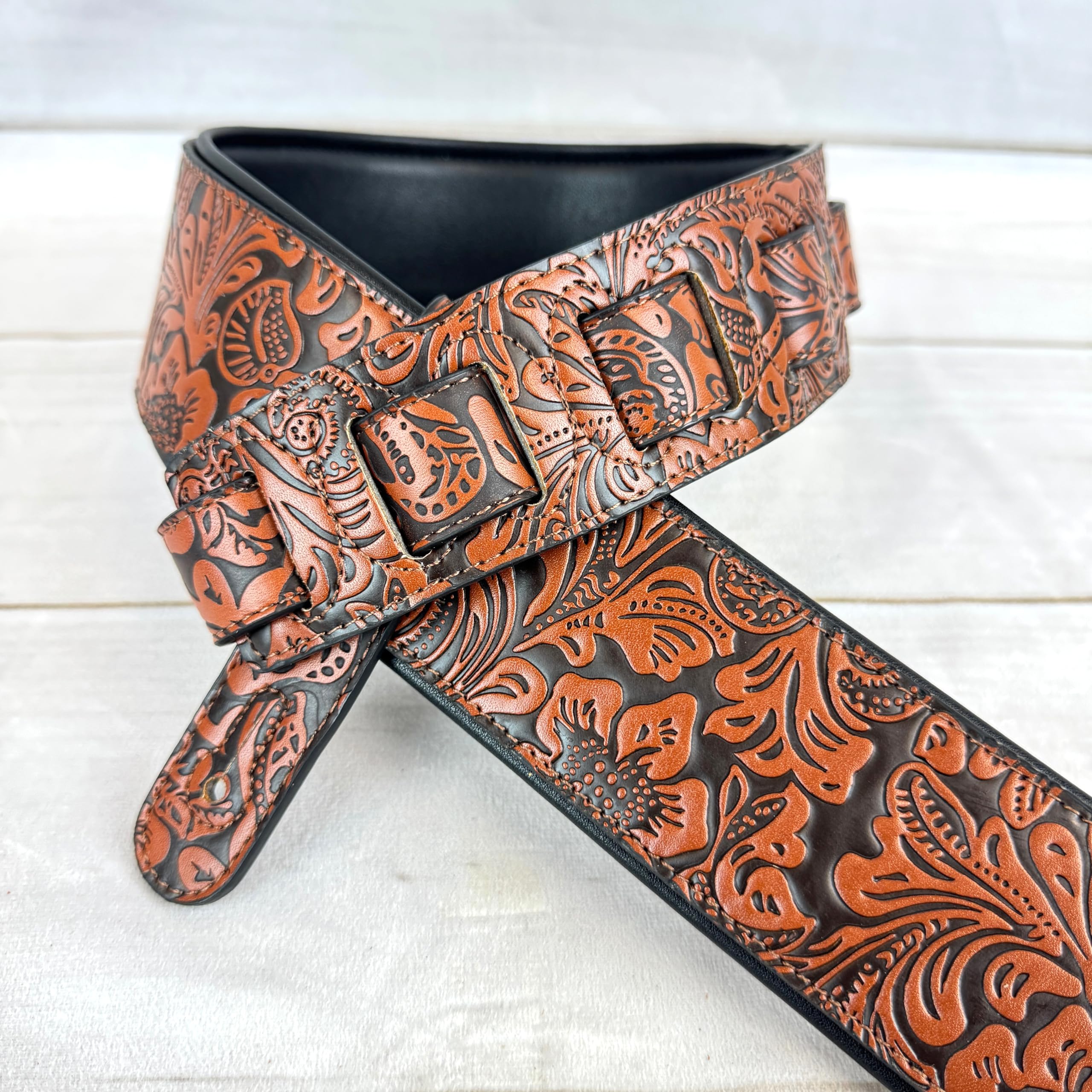 Walker & Williams G-973 Handmade Brown And Latigo Tan Western Embossed Guitar Strap with Soft Padded Back For Acoustic, Electric, And Bass Guitars - Image 3