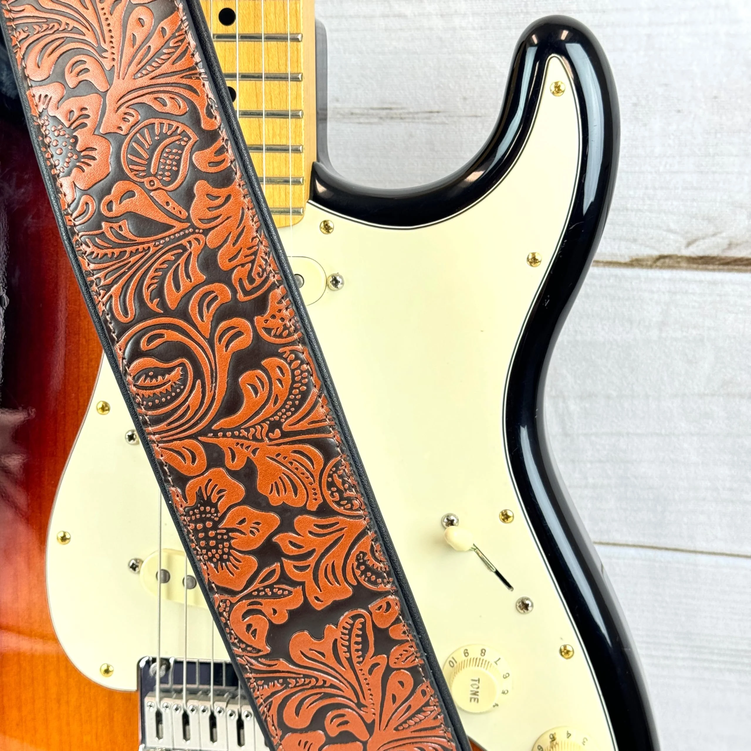 Walker & Williams G-973 Handmade Brown And Latigo Tan Western Embossed Guitar Strap with Soft Padded Back For Acoustic, Electric, And Bass Guitars - Image 4