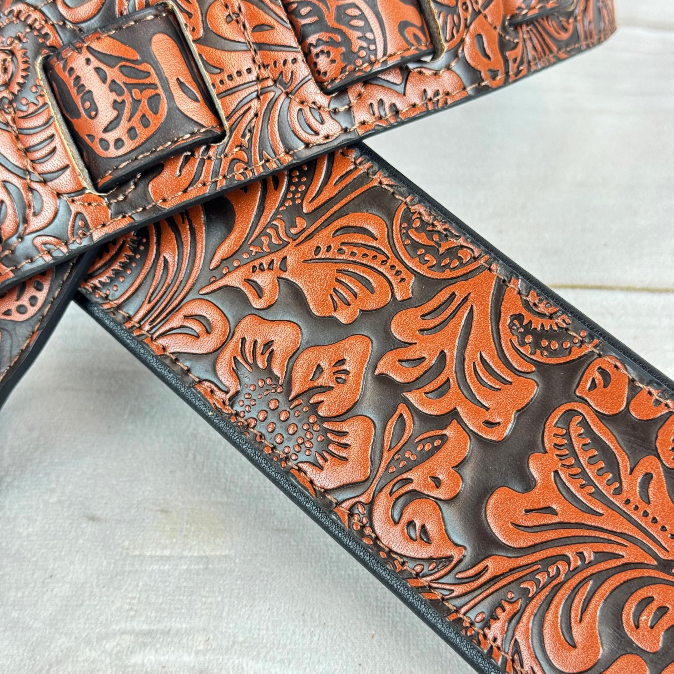 Walker & Williams G-973 Handmade Brown And Latigo Tan Western Embossed Guitar Strap with Soft Padded Back For Acoustic, Electric, And Bass Guitars - Image 5