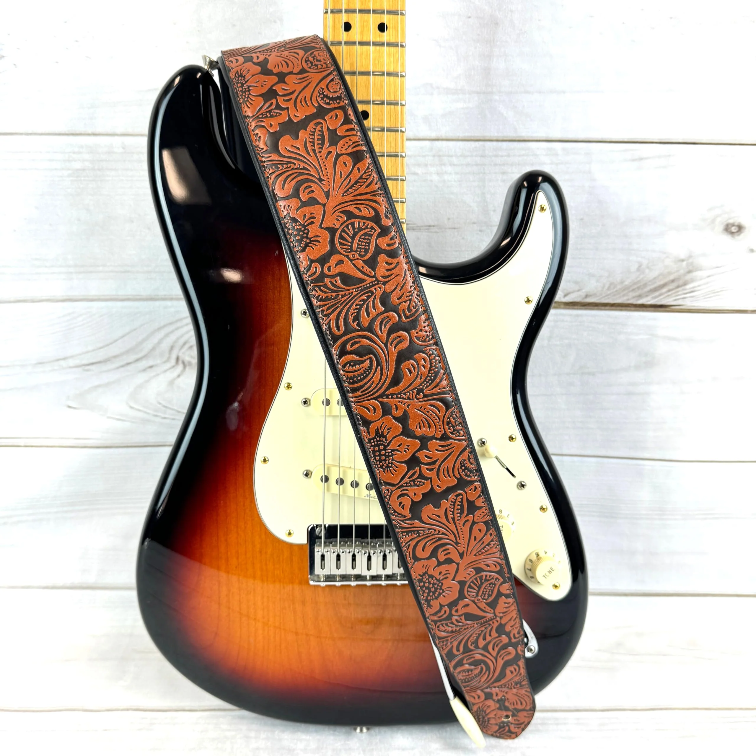 Walker & Williams G-973 Handmade Brown And Latigo Tan Western Embossed Guitar Strap with Soft Padded Back For Acoustic, Electric, And Bass Guitars - Image 6