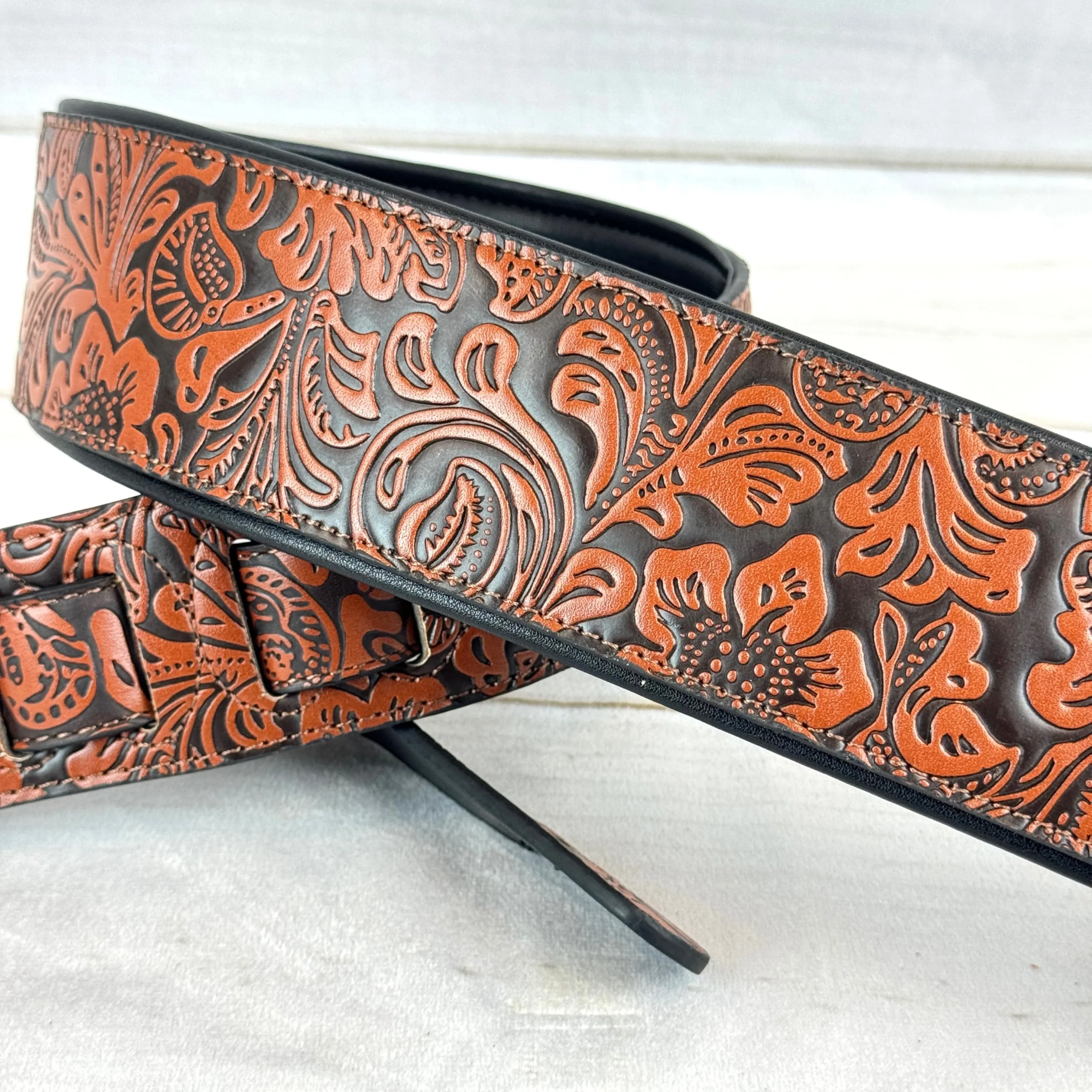 Walker & Williams G-973 Handmade Brown And Latigo Tan Western Embossed Guitar Strap with Soft Padded Back For Acoustic, Electric, And Bass Guitars - Image 7