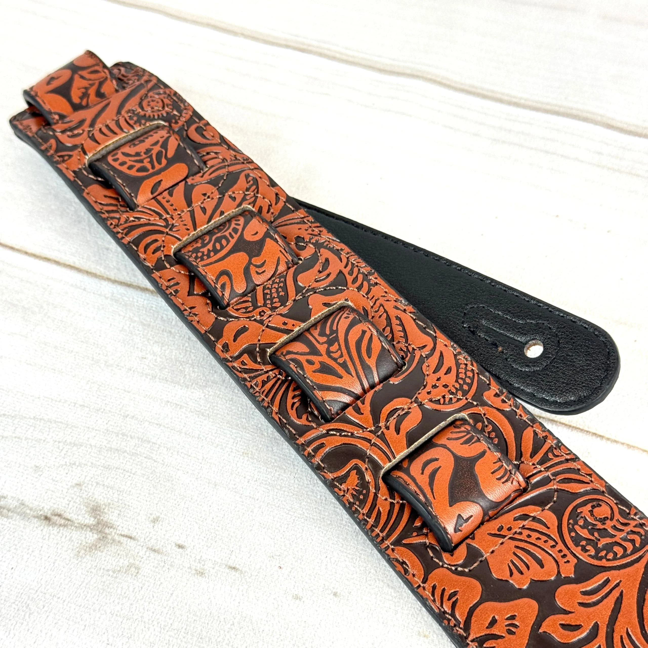 Walker & Williams G-973 Handmade Brown And Latigo Tan Western Embossed Guitar Strap with Soft Padded Back For Acoustic, Electric, And Bass Guitars - Image 9