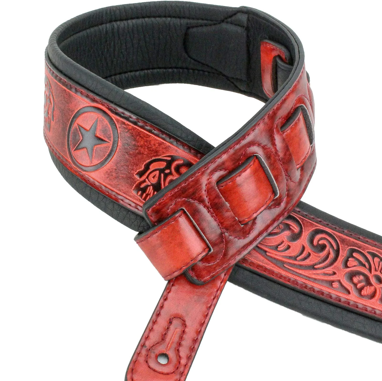 Walker & Williams GB-122 Black Cherry Padded Guitar Strap with Texas Star and Skull Design For Acoustic, Electric, And Bass Guitars - Image 3