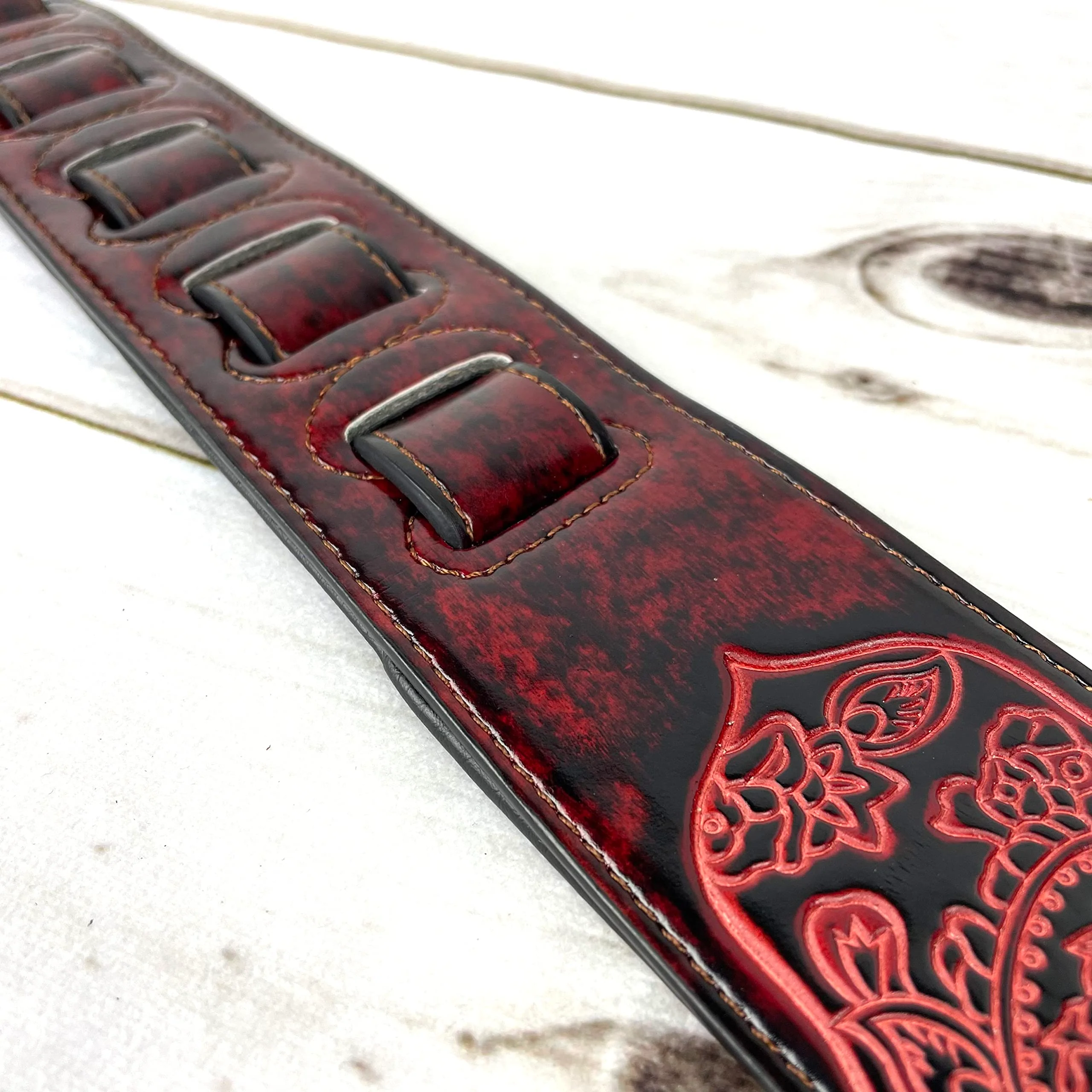 Walker & Williams GB-30 Handmade Fire Wine Red Padded Leather Guitar Strap with Vintage Paisley Pattern For Acoustic, Electric, And Bass Guitars - Image 8